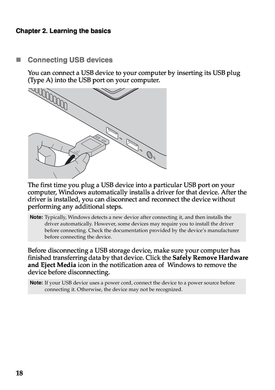 Lenovo U310, U410 manual „ Connecting USB devices, Learning the basics 