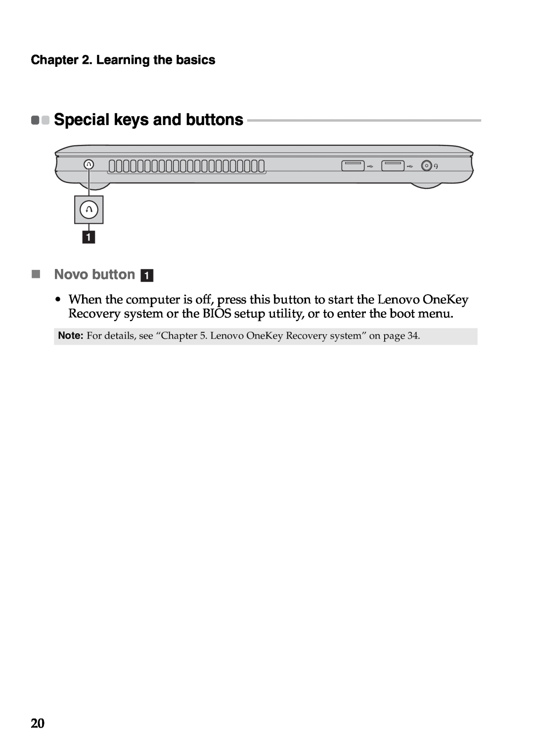 Lenovo U310, U410 manual „ Novo button a, Special keys and buttons, Learning the basics 