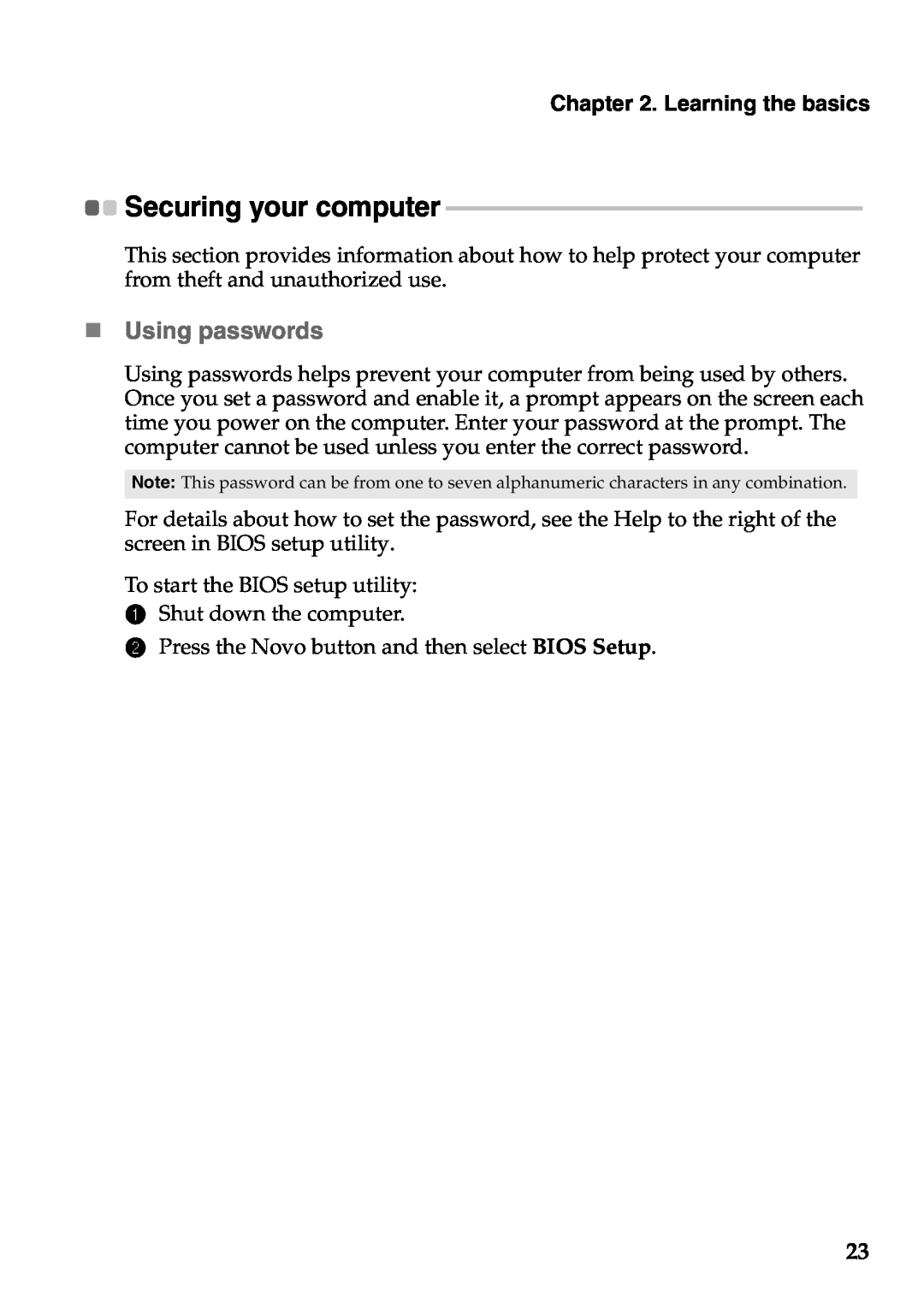 Lenovo U410, U310 manual „ Using passwords, Securing your computer, Learning the basics 