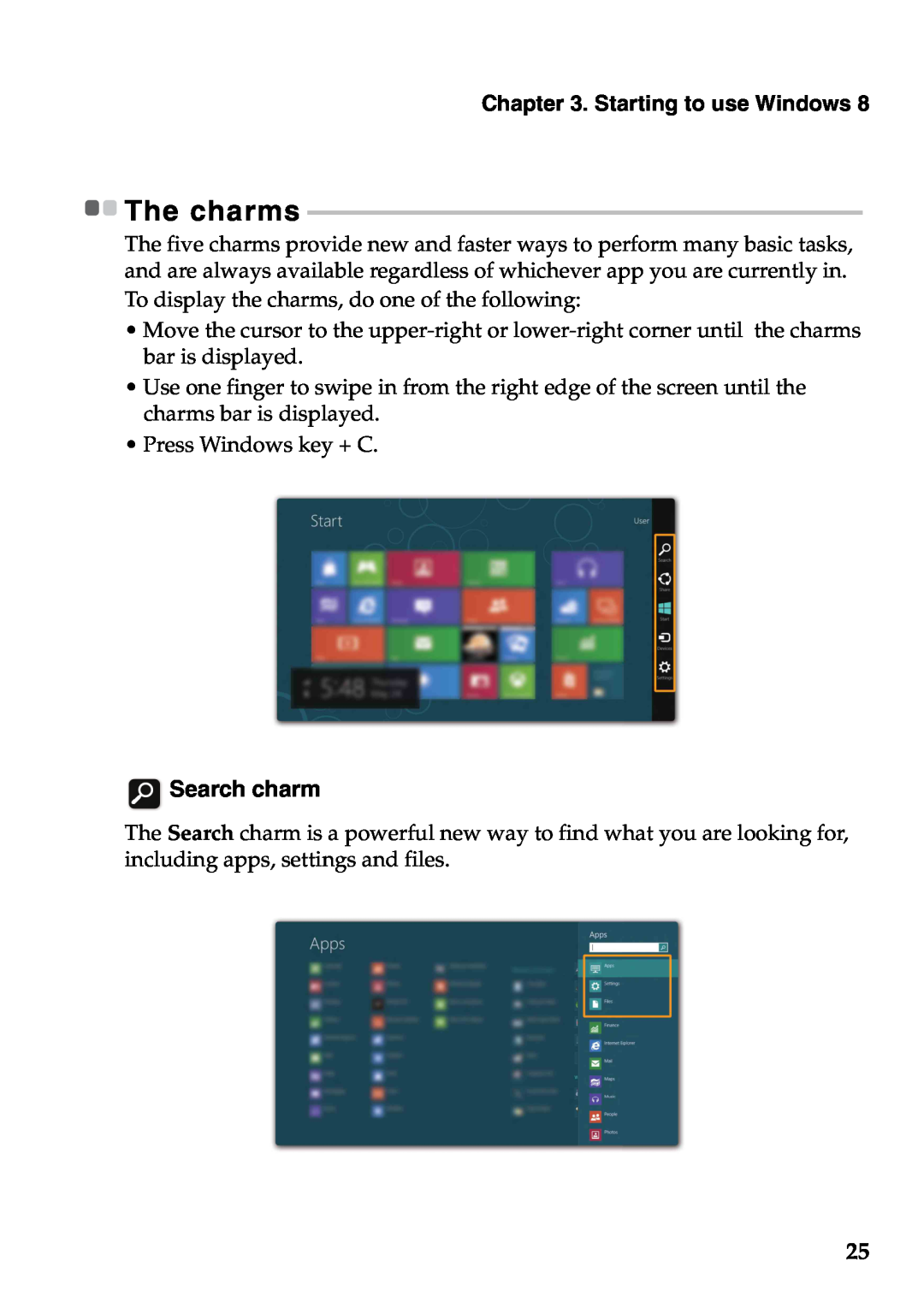 Lenovo U410, U310 manual Search charm, Starting to use Windows, The charms 