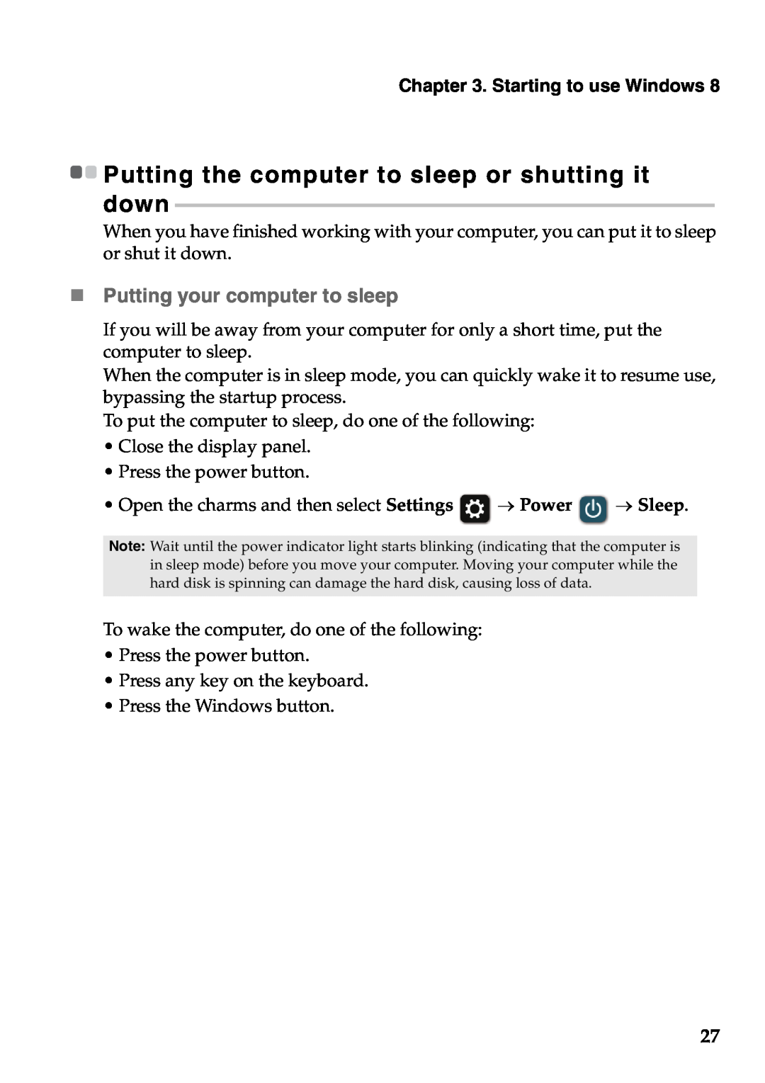 Lenovo U410 „ Putting your computer to sleep, Putting the computer to sleep or shutting it down, Starting to use Windows 