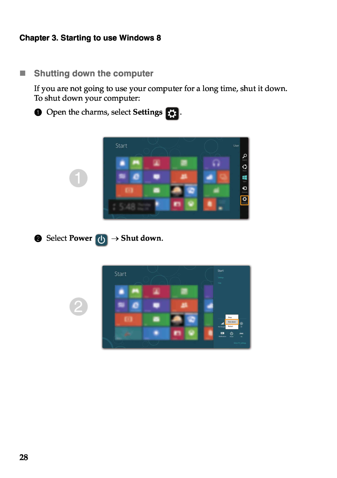Lenovo U310, U410 manual „ Shutting down the computer, Select Power → Shut down, Starting to use Windows 