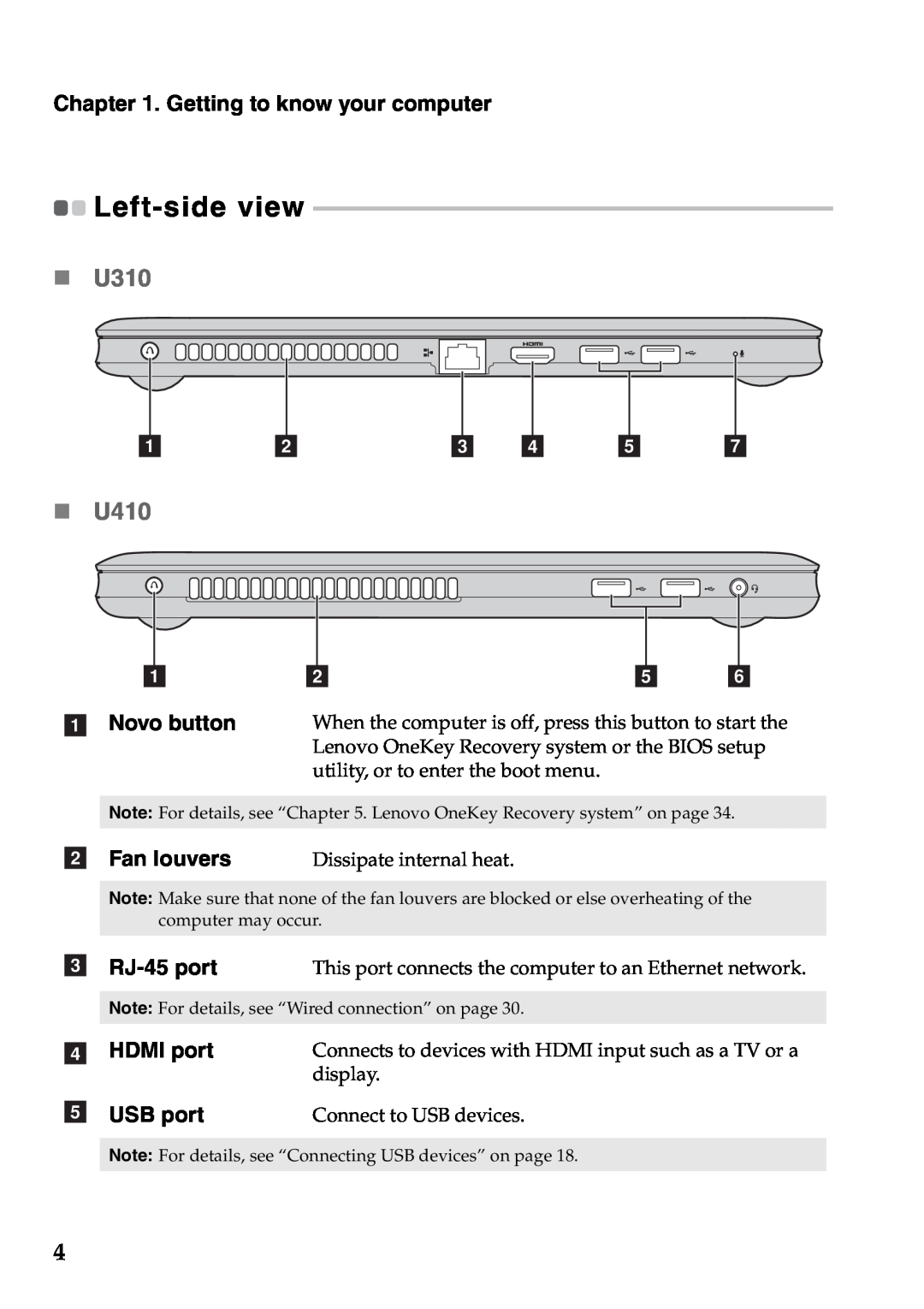 Lenovo manual Left-side view, c d e, b Fan louvers, c RJ-45 port, d HDMI port, e USB port, „ U310, „ U410, a Novo button 