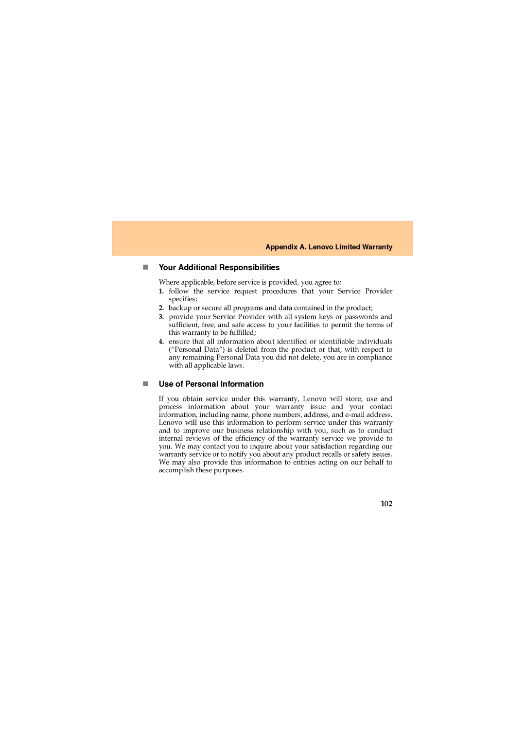 Lenovo U330 manual „ Your Additional Responsibilities, „ Use of Personal Information, 102 