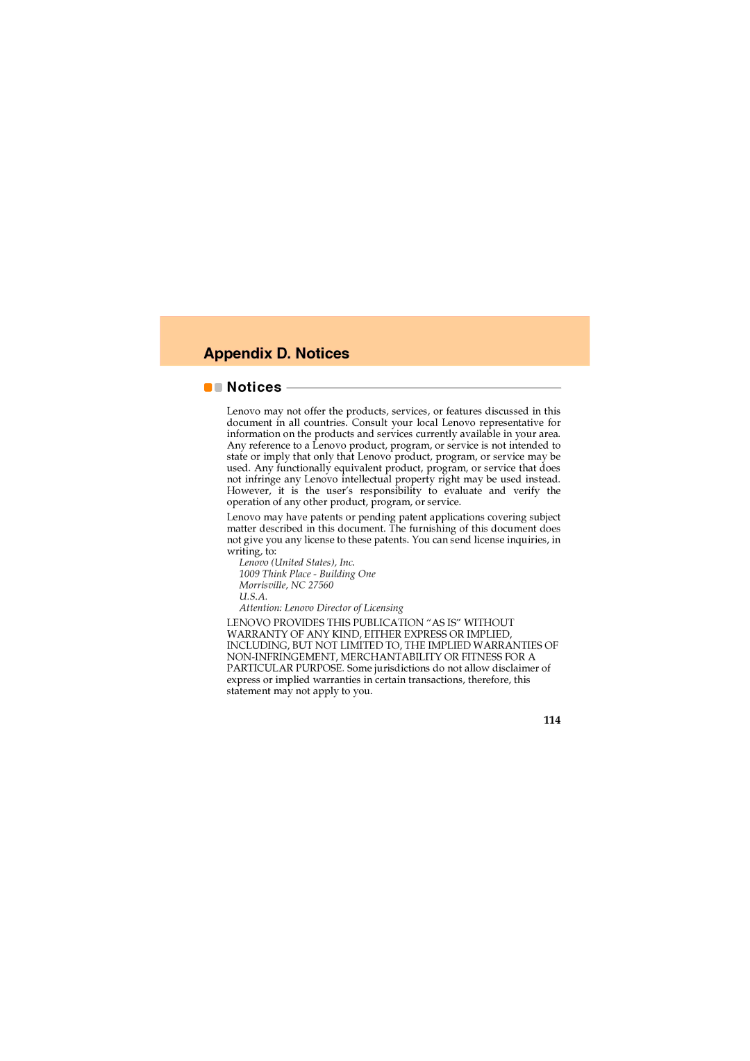 Lenovo U330 manual Appendix D. Notices, 114 