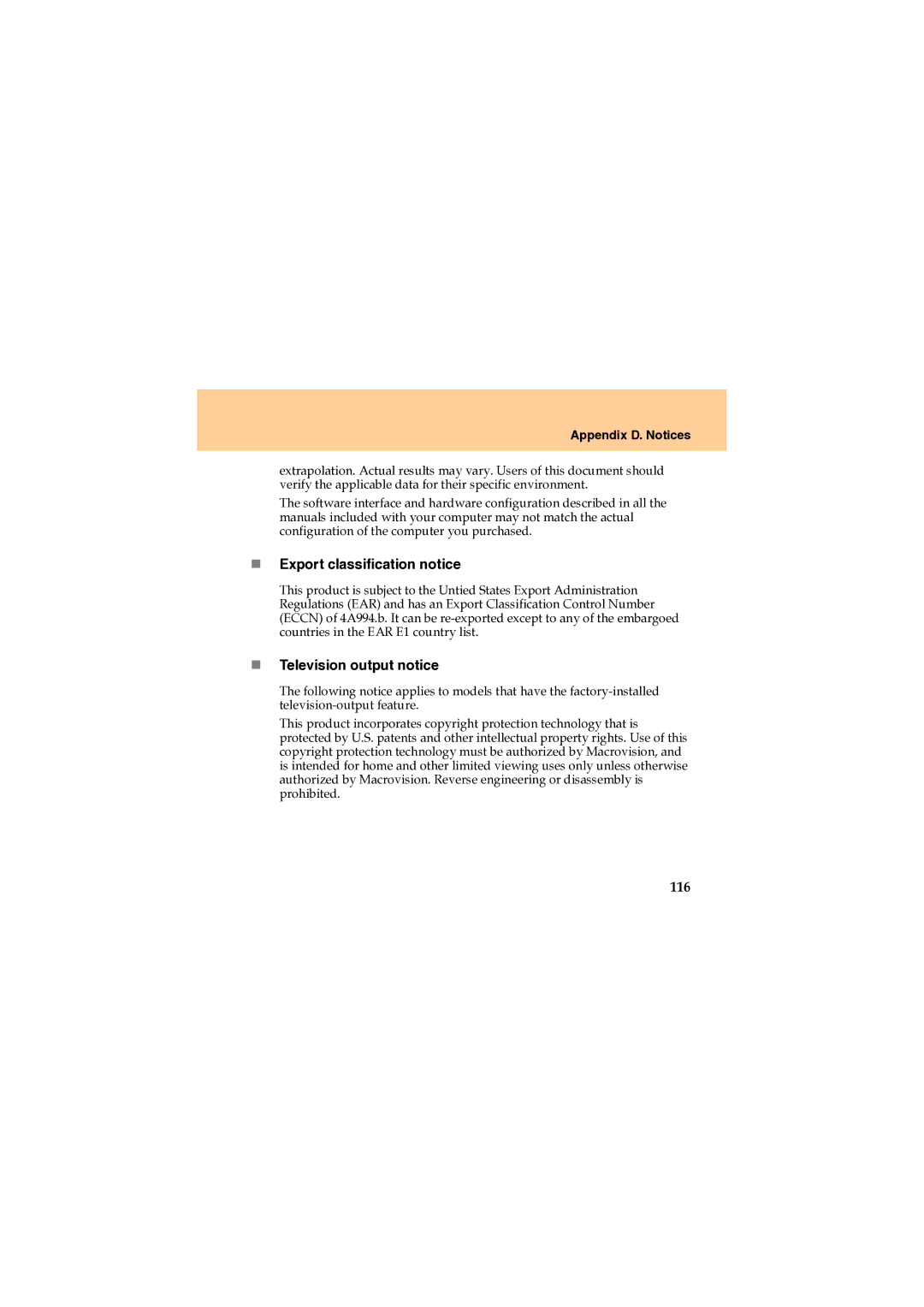 Lenovo U330 manual „ Export classification notice, „ Television output notice, 116 