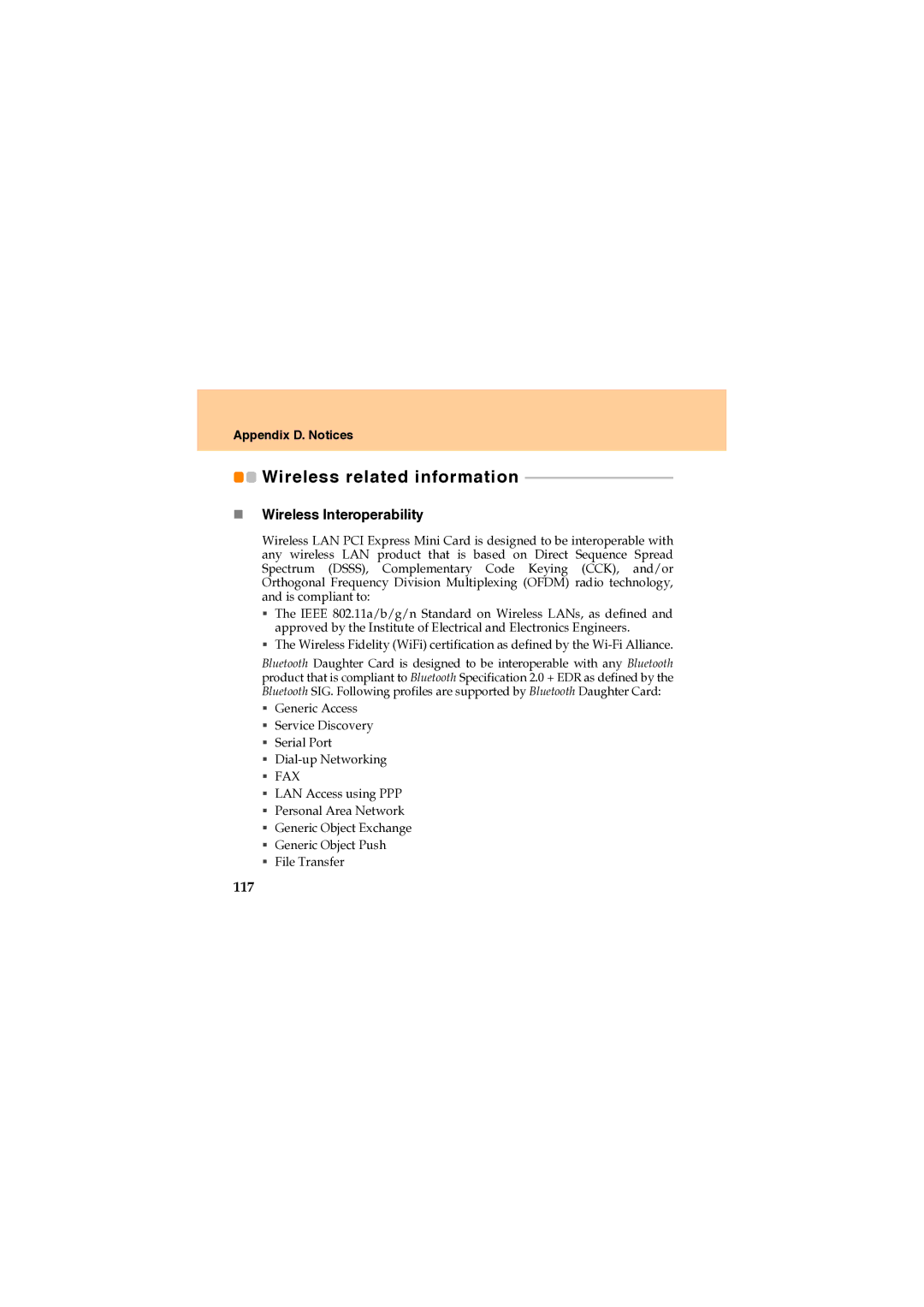 Lenovo U330 manual Wireless related information, „ Wireless Interoperability, 117 