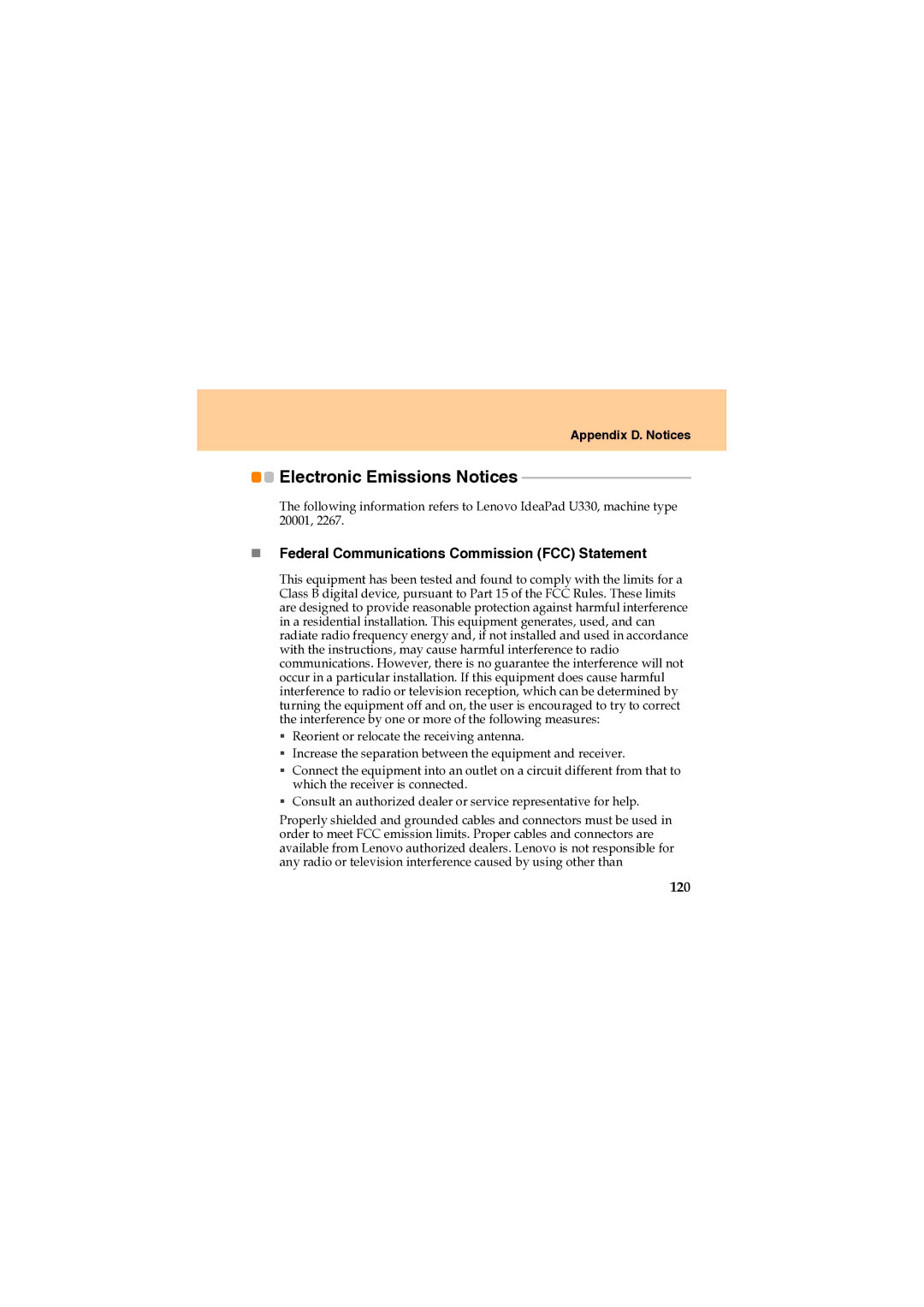 Lenovo U330 manual Electronic Emissions Notices, „ Federal Communications Commission FCC Statement, 120 