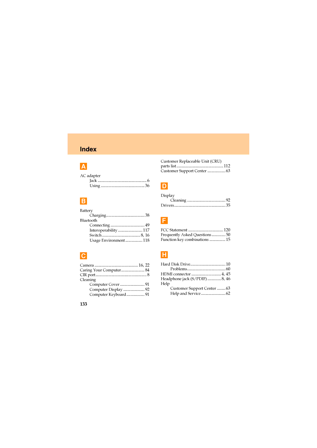 Lenovo U330 manual Index, 133 