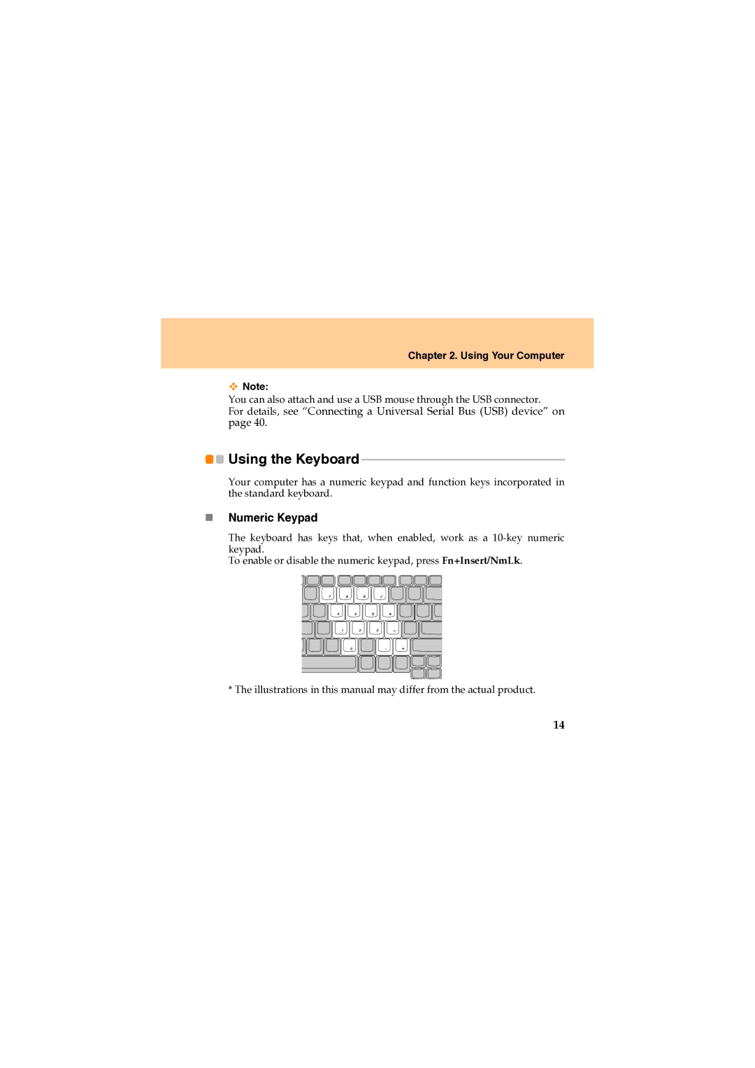 Lenovo U330 manual Using the Keyboard, „ Numeric Keypad 