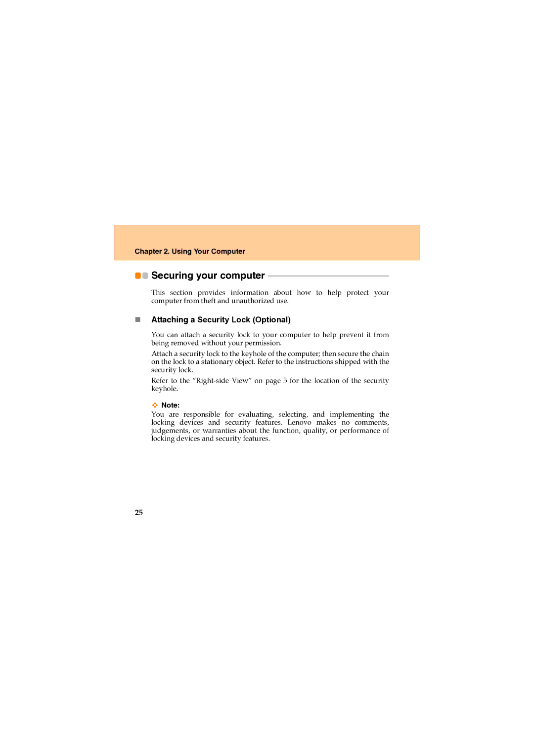 Lenovo U330 manual Securing your computer, „ Attaching a Security Lock Optional 
