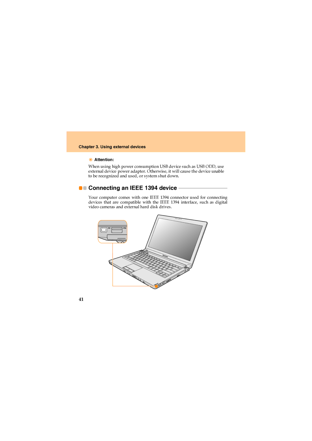 Lenovo U330 manual Connecting an Ieee 1394 device, Using external devices 