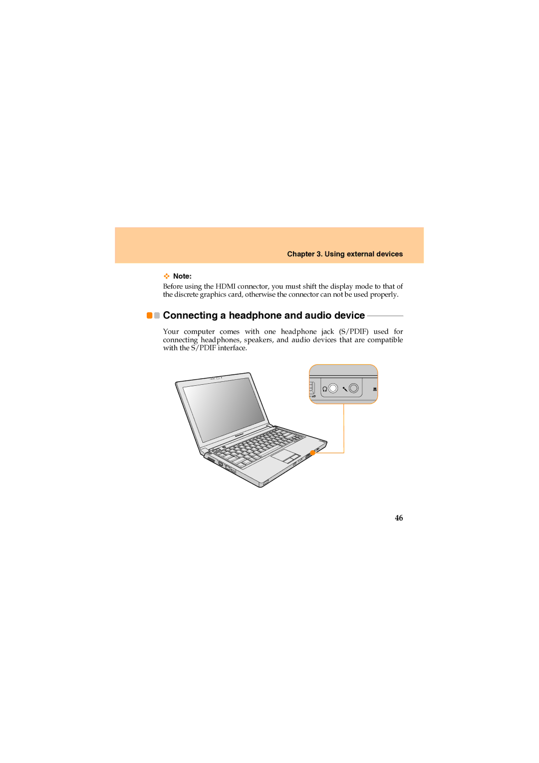 Lenovo U330 manual Connecting a headphone and audio device 