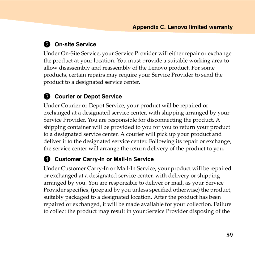 Lenovo U350 manual Appendix C. Lenovo limited warranty On-site Service, Courier or Depot Service 