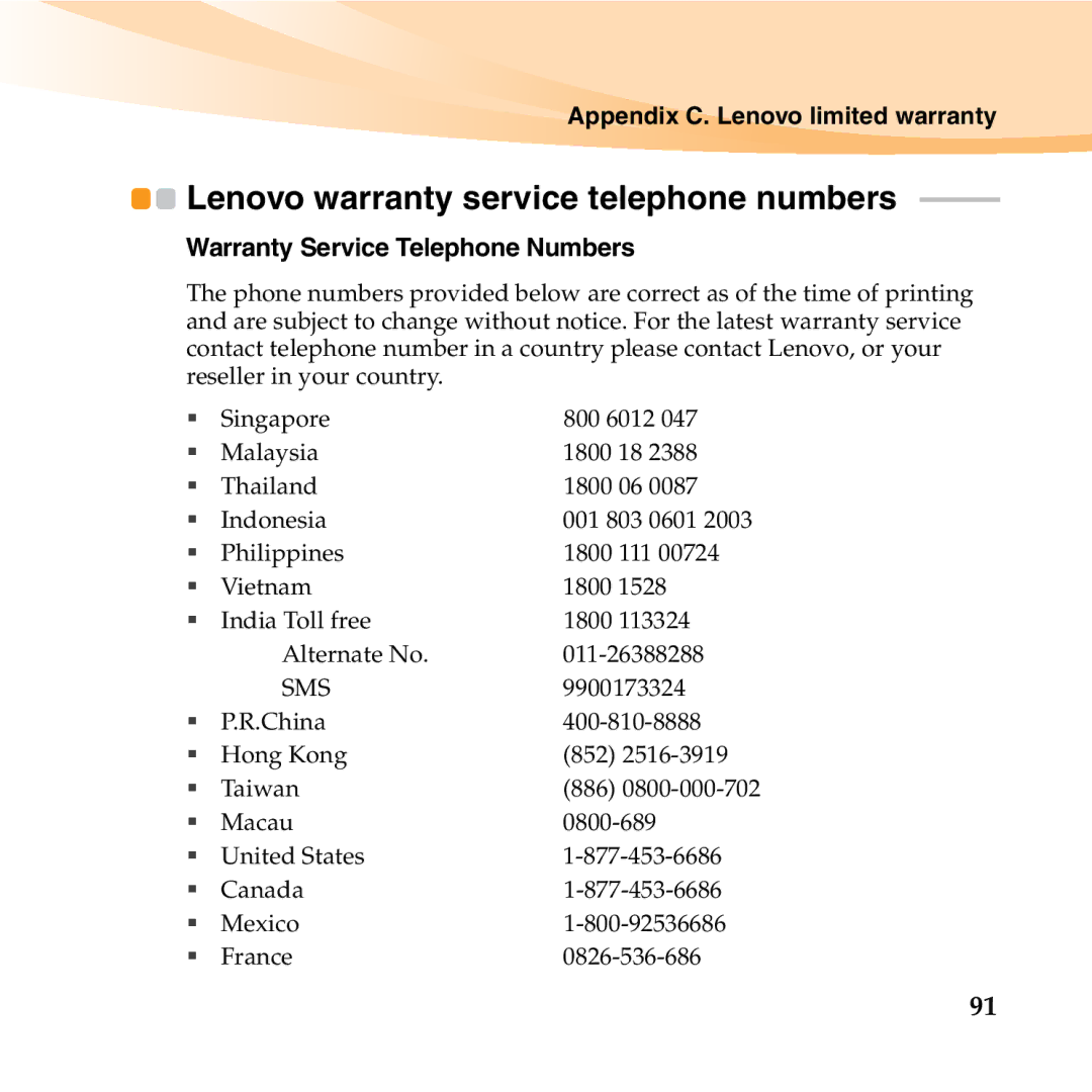 Lenovo U350 manual Warranty Service Telephone Numbers, Sms 