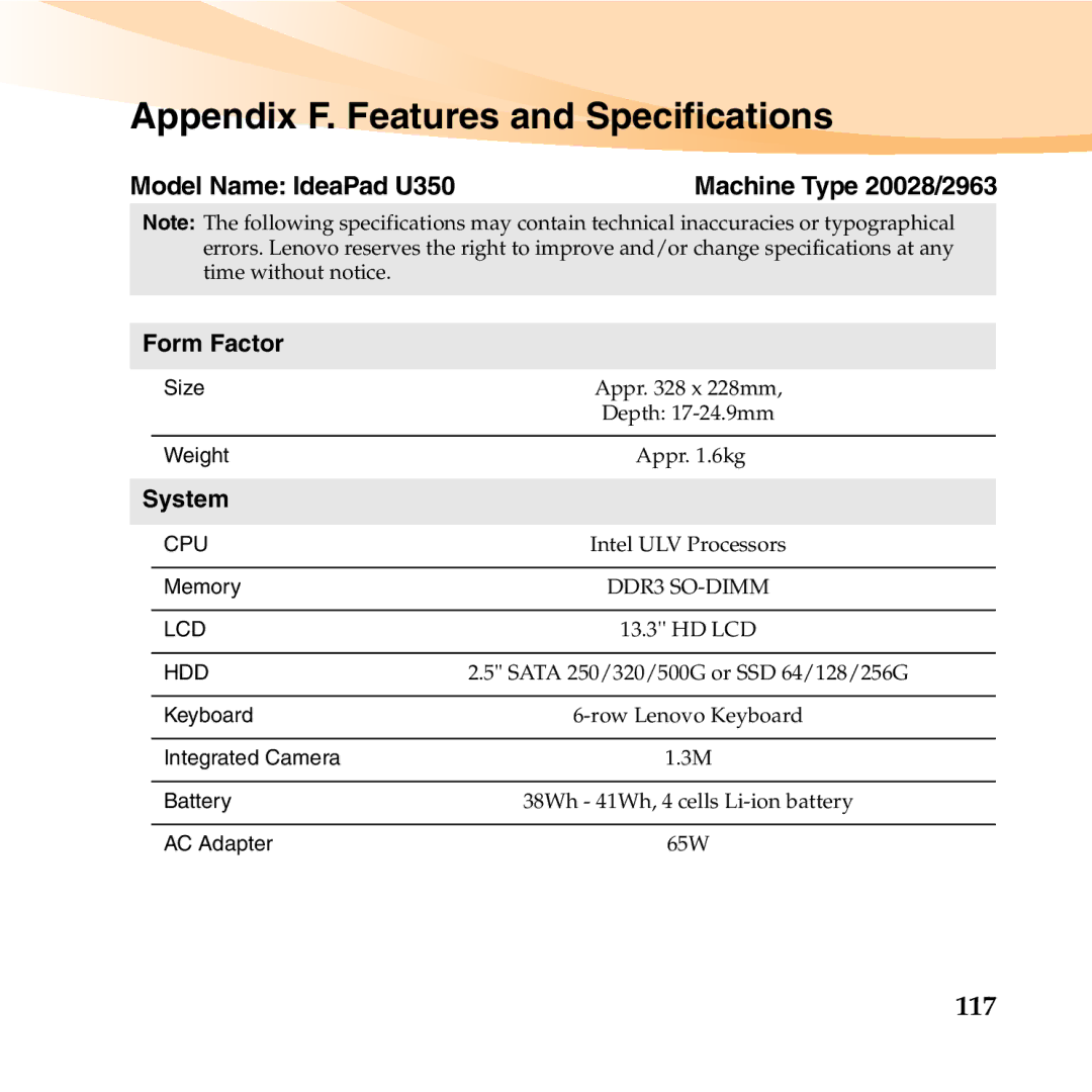 Lenovo manual Appendix F. Features and Specifications, 117, Model Name IdeaPad U350, Form Factor, System 