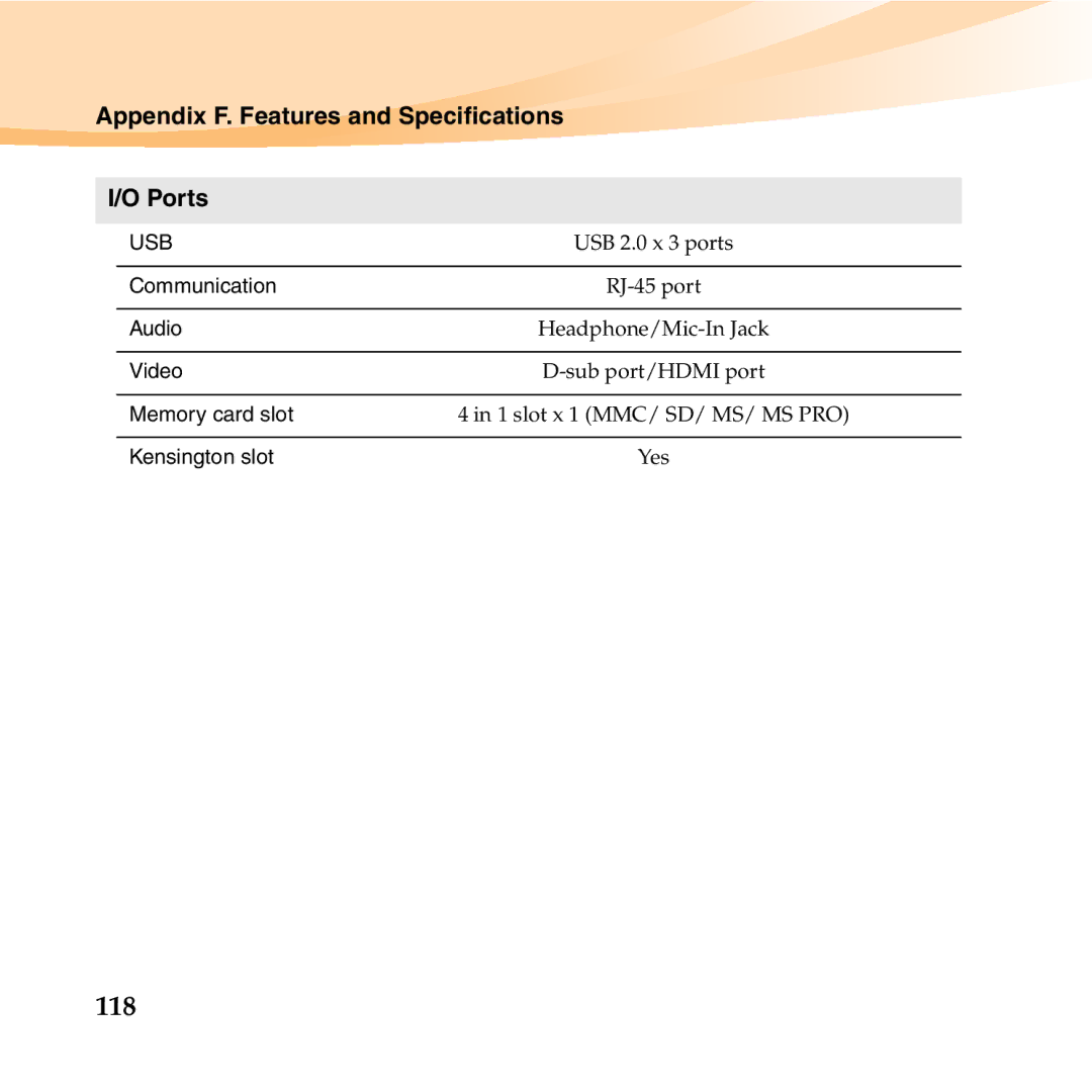 Lenovo U350 manual 118, Appendix F. Features and Specifications Ports 