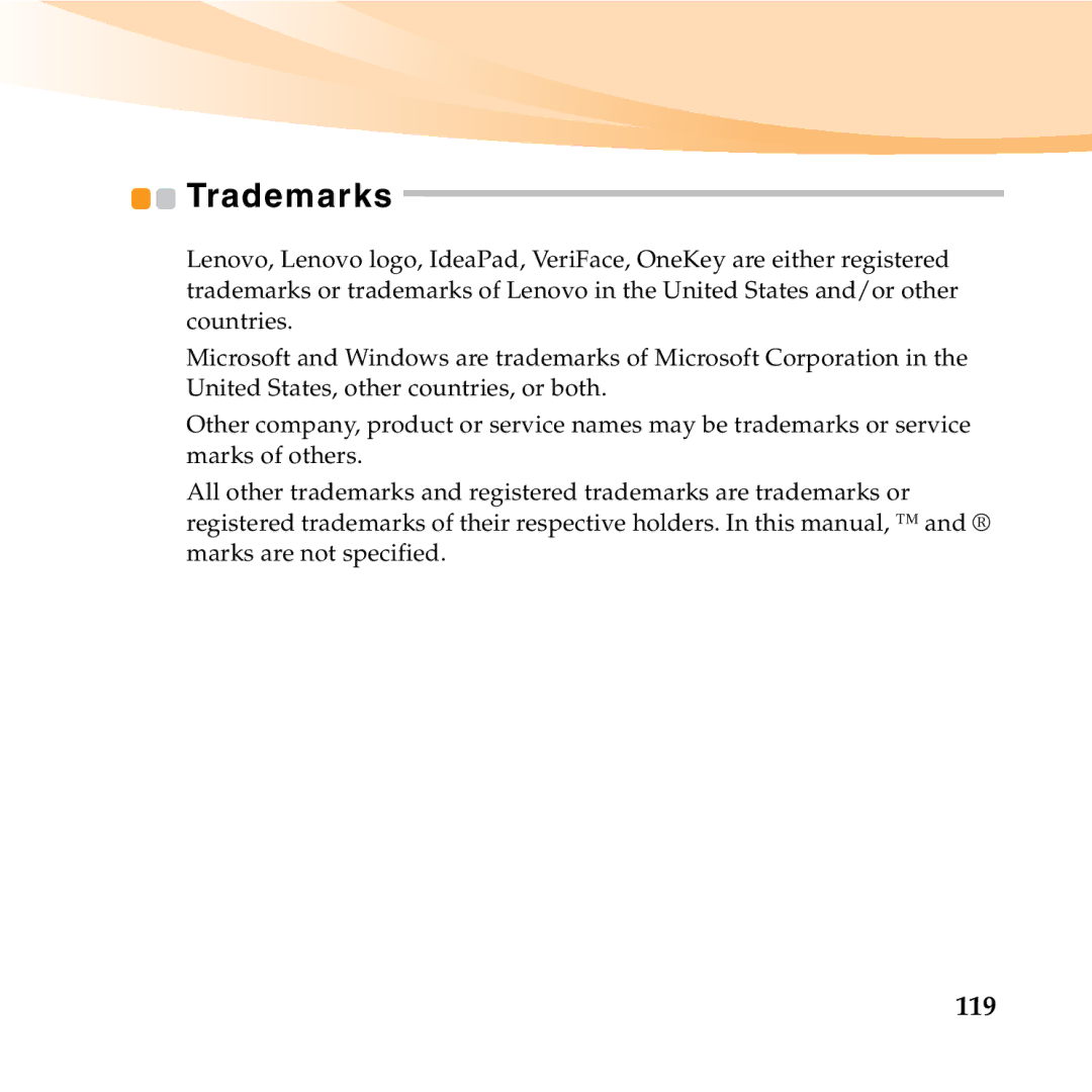 Lenovo U350 manual Trademarks, 119 