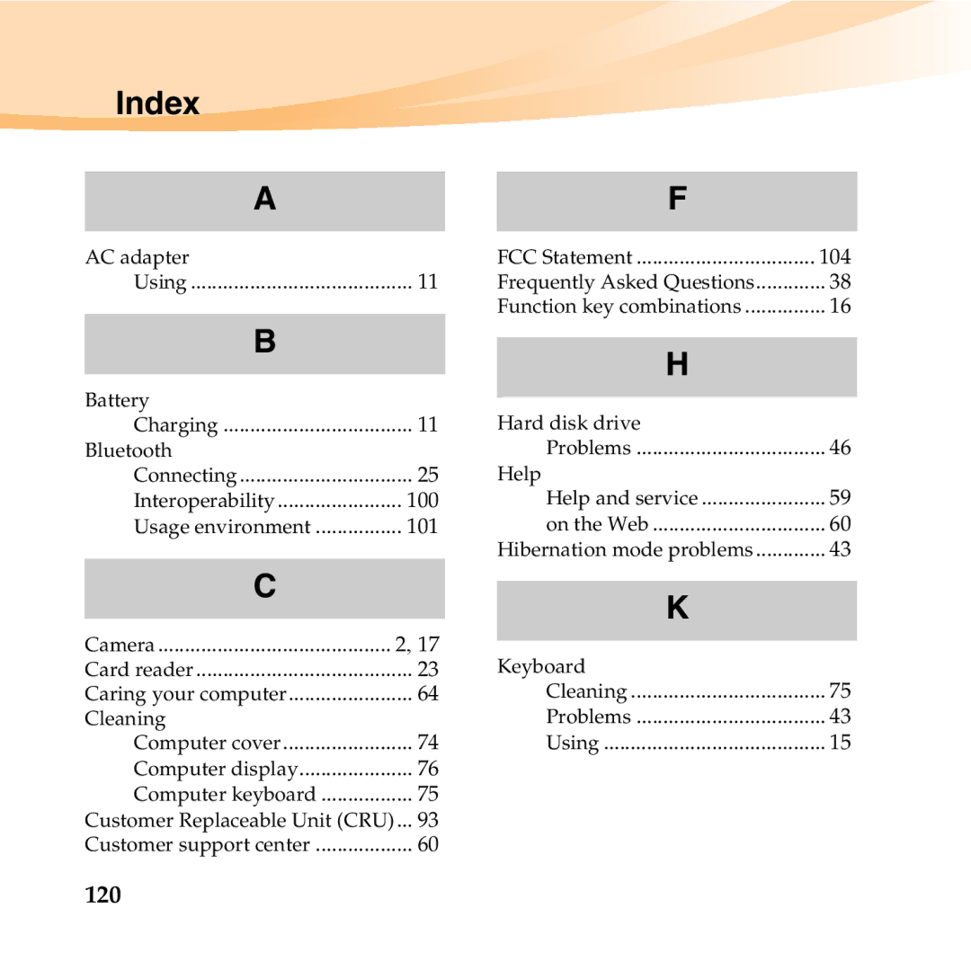 Lenovo U350 manual Index, 120 