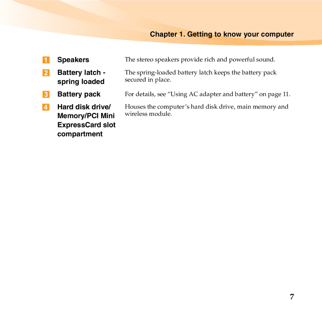 Lenovo U350 manual Getting to know your computer Speakers, Battery pack 