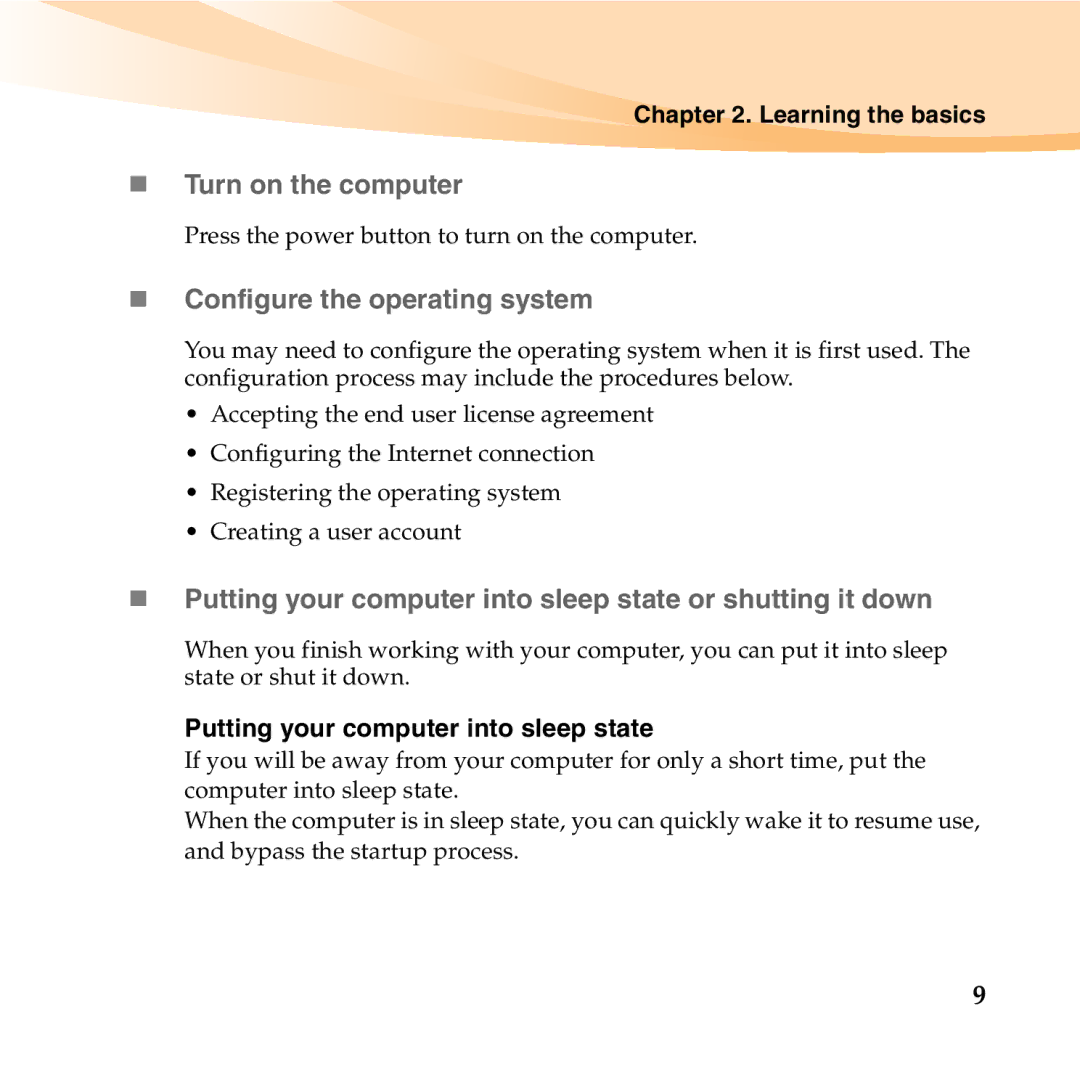 Lenovo U350 manual „ Turn on the computer, „ Configure the operating system, Learning the basics 