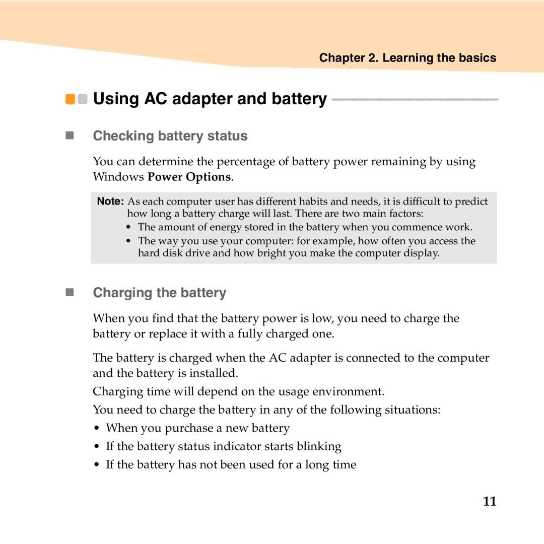 Lenovo U350 manual Using AC adapter and battery, „ Checking battery status, „ Charging the battery 