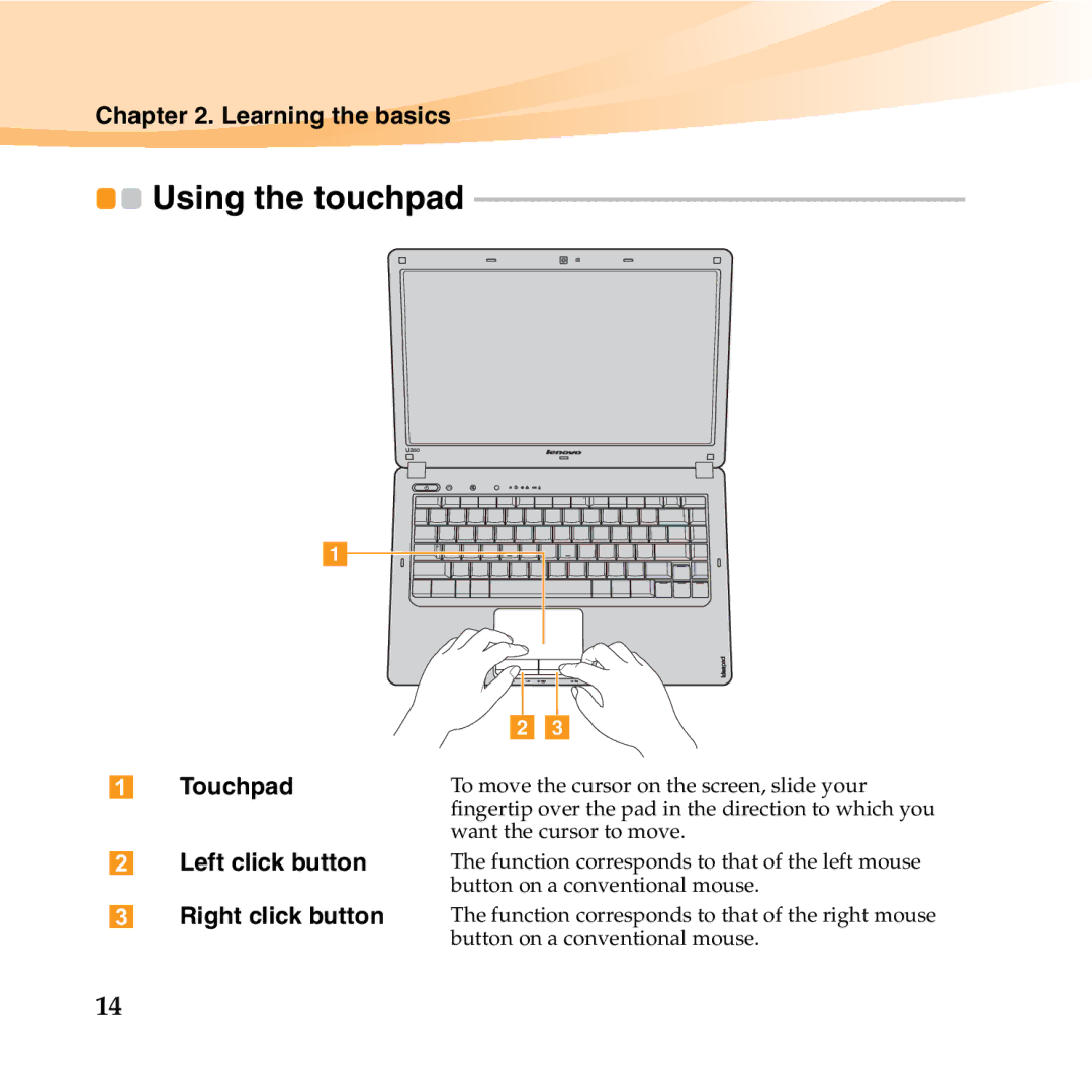 Lenovo U350 manual Using the touchpad, Left click button, Right click button 