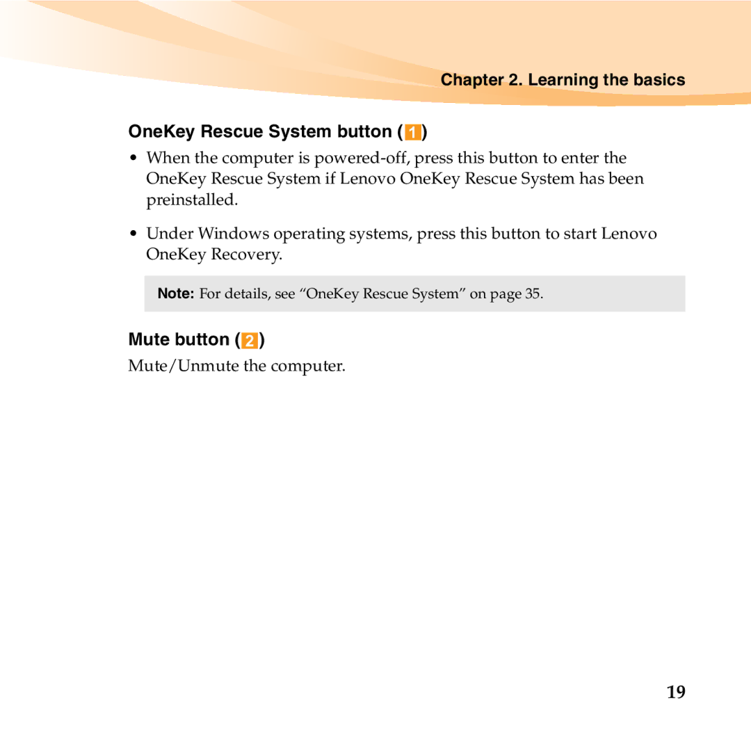 Lenovo U350 manual Learning the basics OneKey Rescue System button, Mute button 