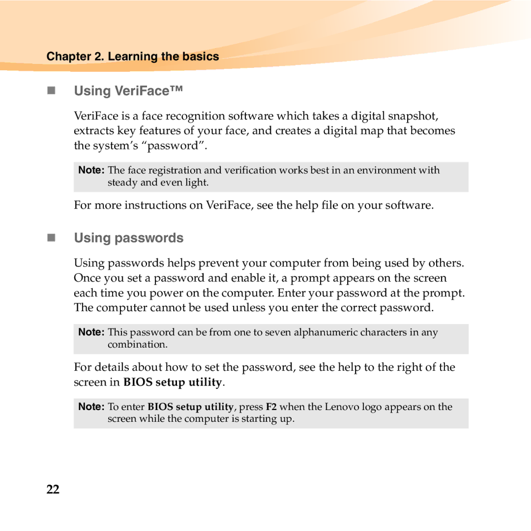 Lenovo U350 manual „ Using VeriFace, „ Using passwords 