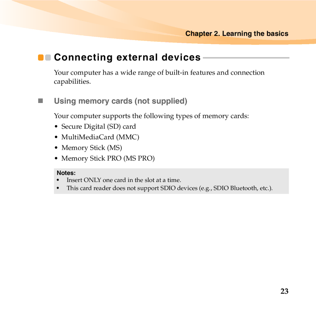 Lenovo U350 manual Connecting external devices, „ Using memory cards not supplied 