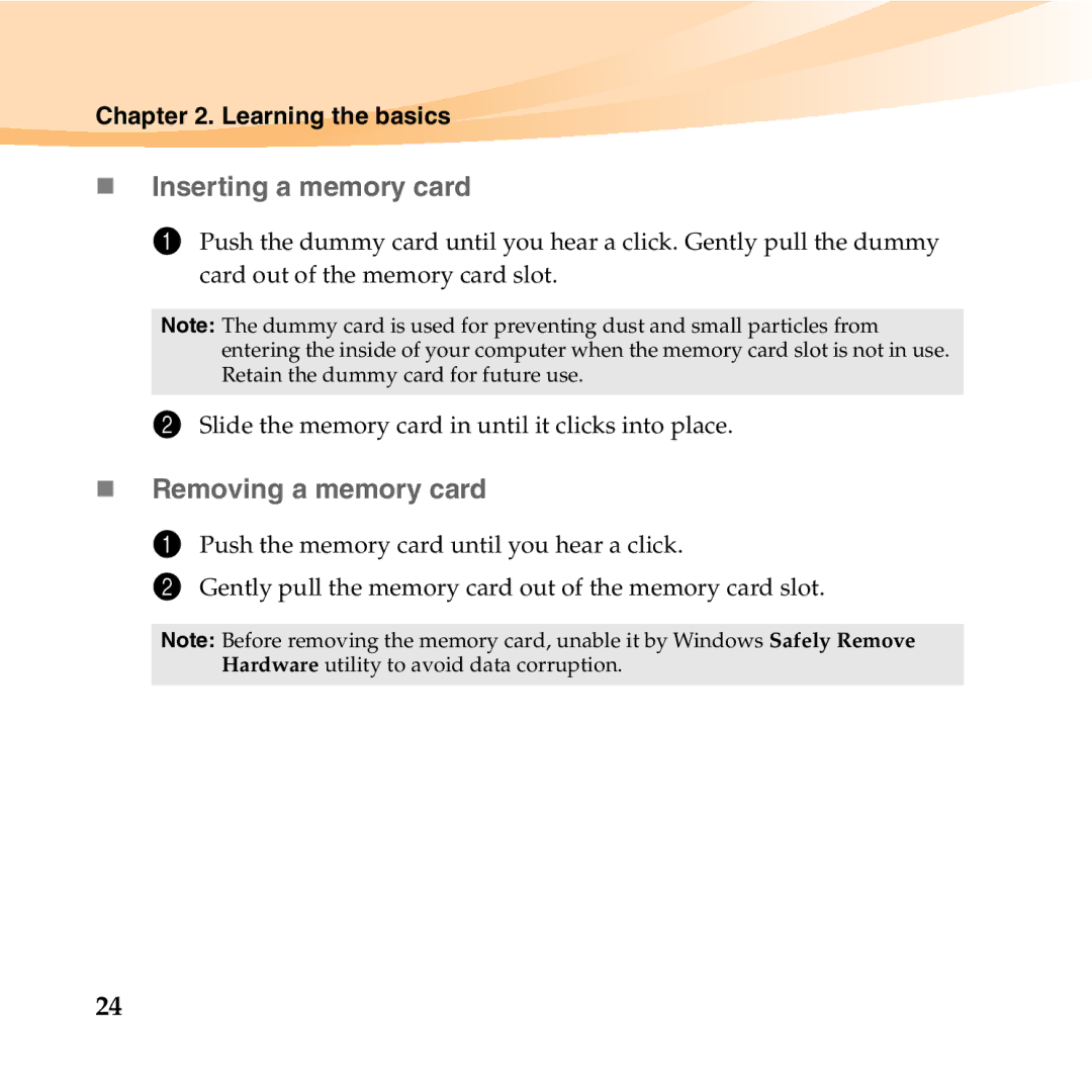 Lenovo U350 manual „ Inserting a memory card, „ Removing a memory card 