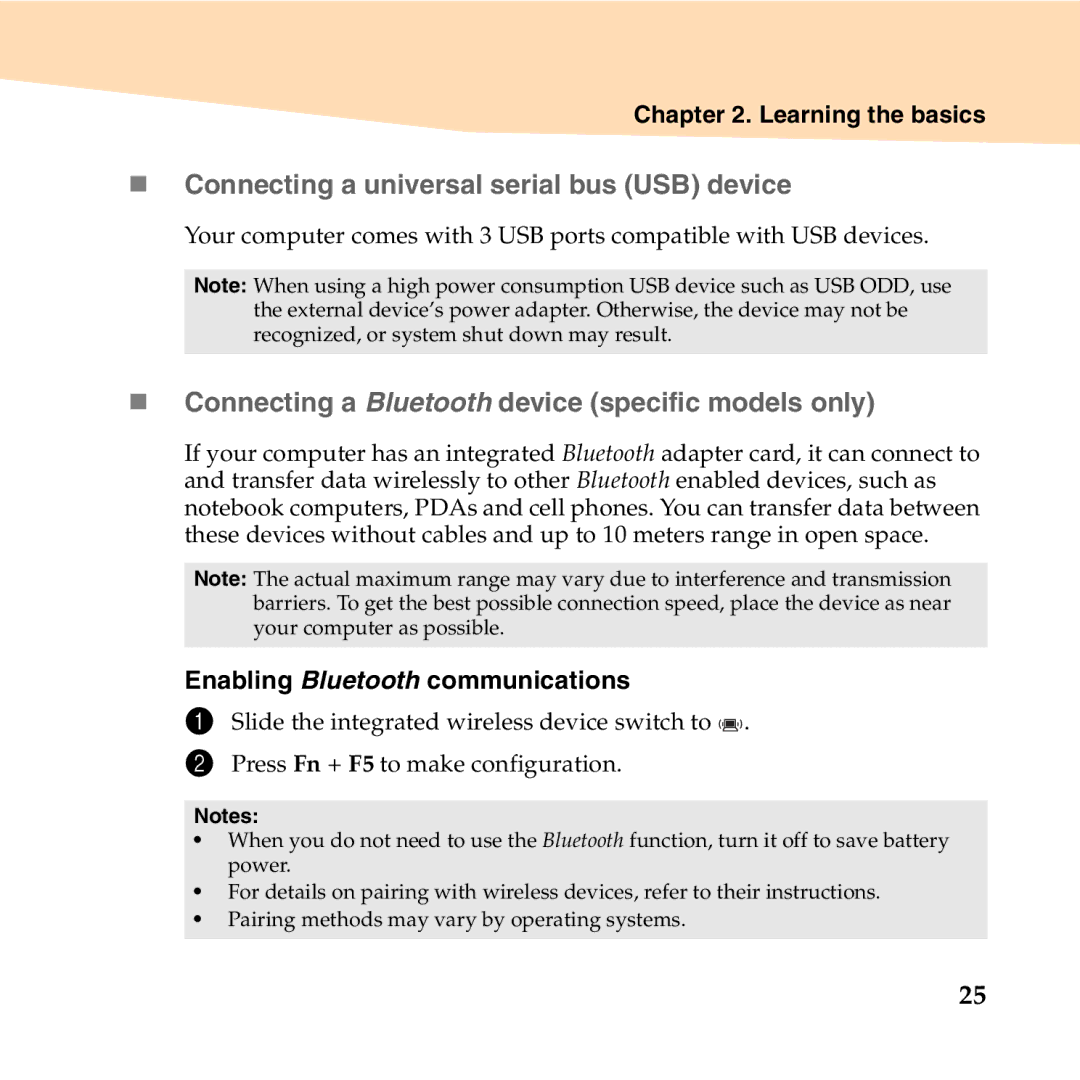 Lenovo U350 manual „ Connecting a universal serial bus USB device, „ Connecting a Bluetooth device specific models only 