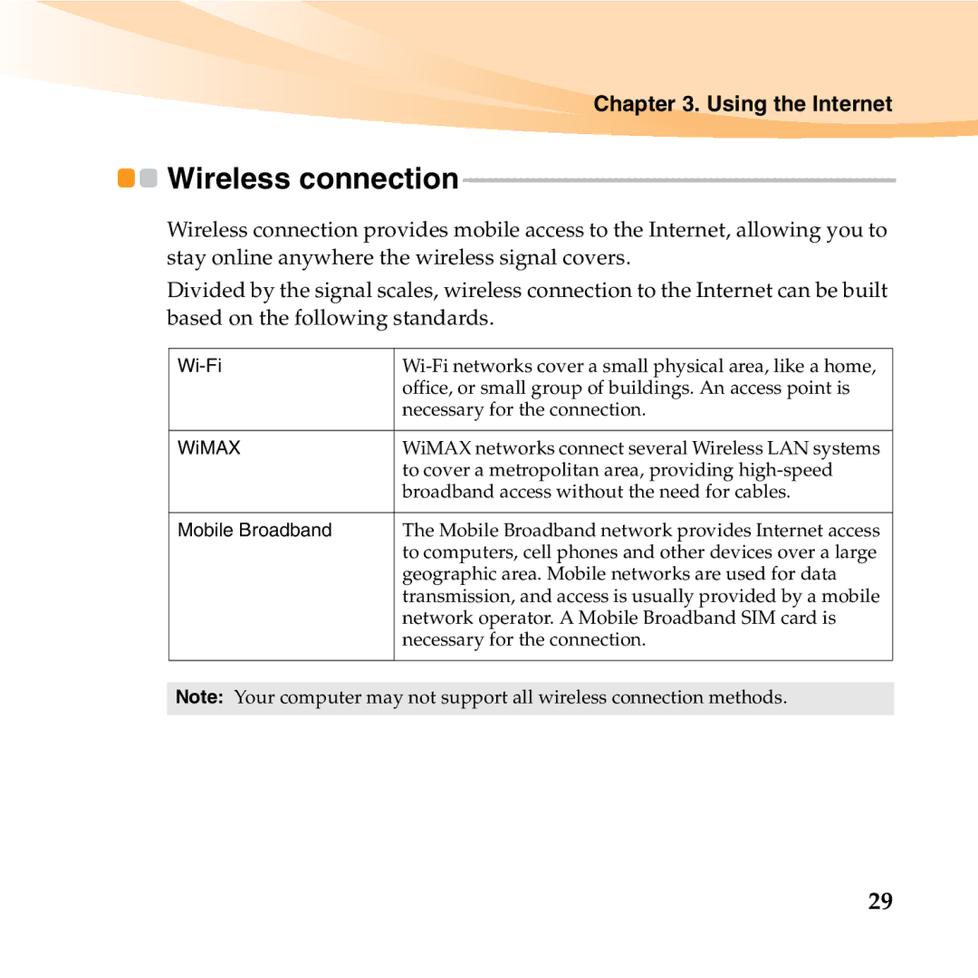 Lenovo U350 manual Wireless connection, Wi-Fi 