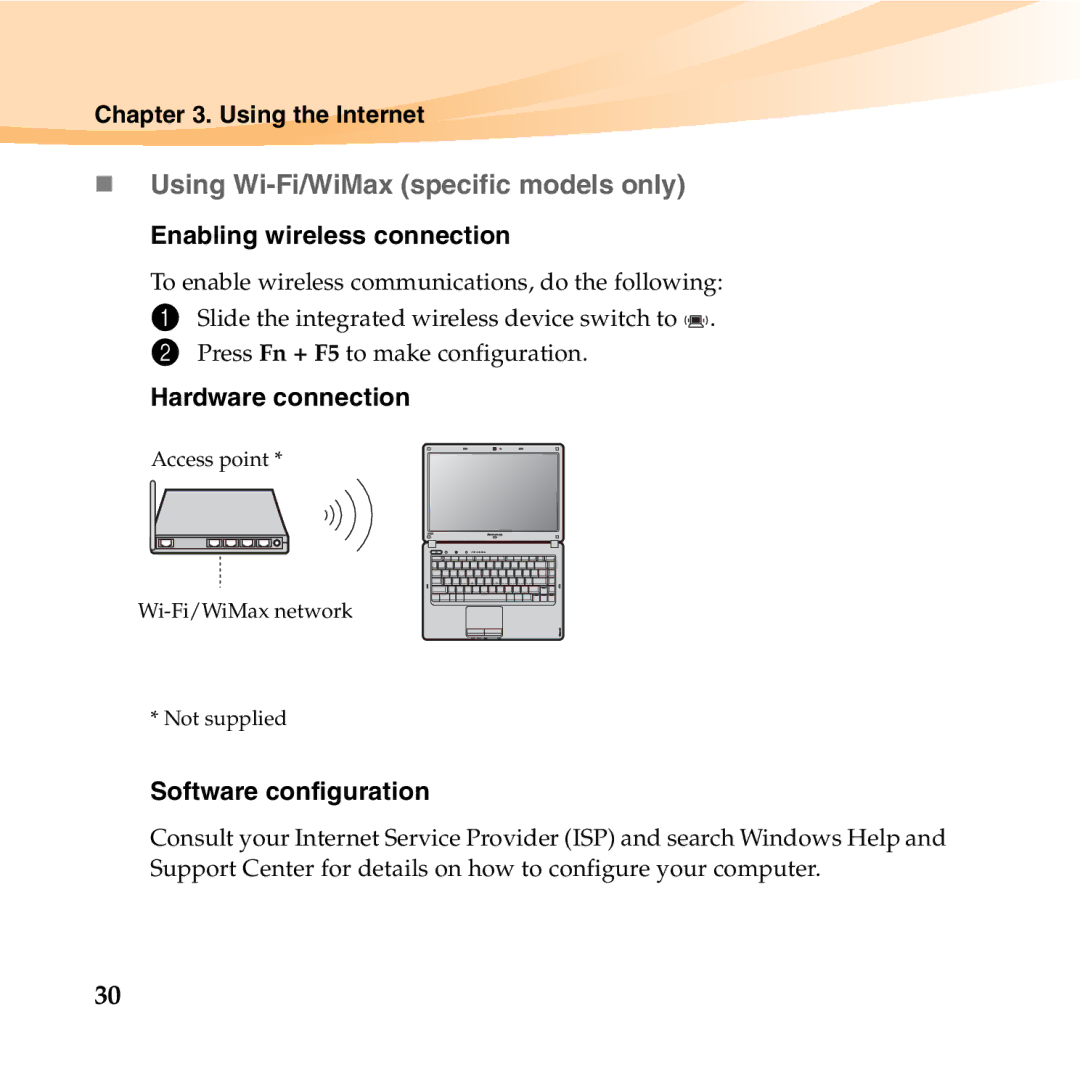 Lenovo U350 manual „ Using Wi-Fi/WiMax specific models only, Enabling wireless connection, Hardware connection 