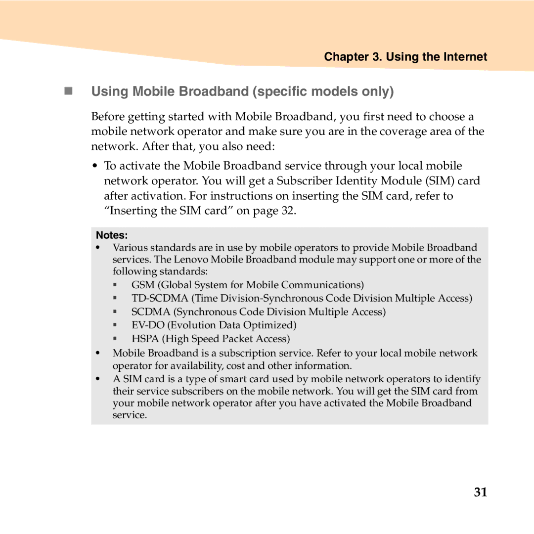 Lenovo U350 manual „ Using Mobile Broadband specific models only 