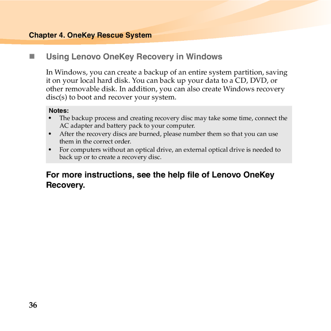 Lenovo U350 manual „ Using Lenovo OneKey Recovery in Windows, OneKey Rescue System 