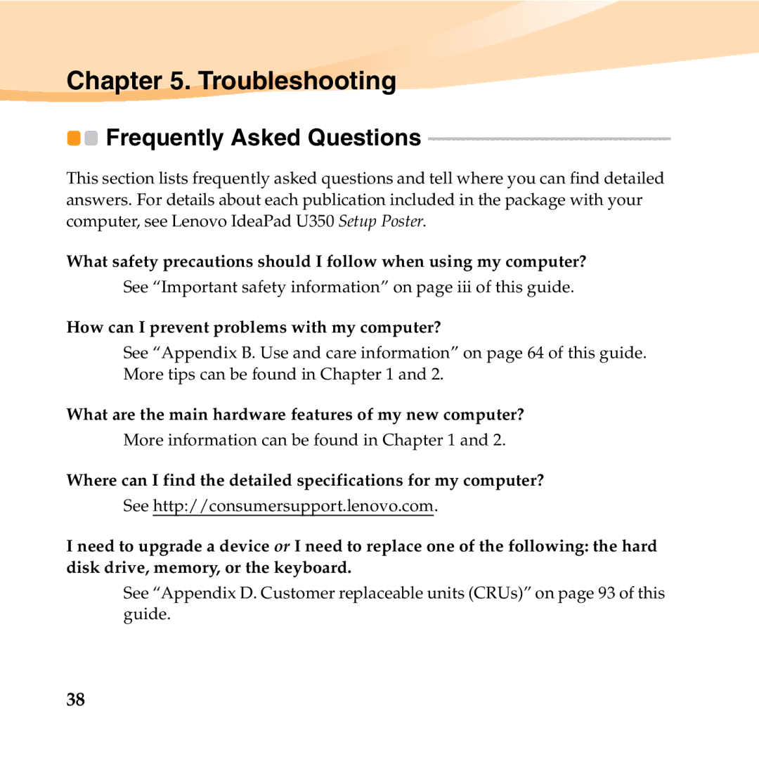 Lenovo U350 manual Troubleshooting, Frequently Asked Questions 