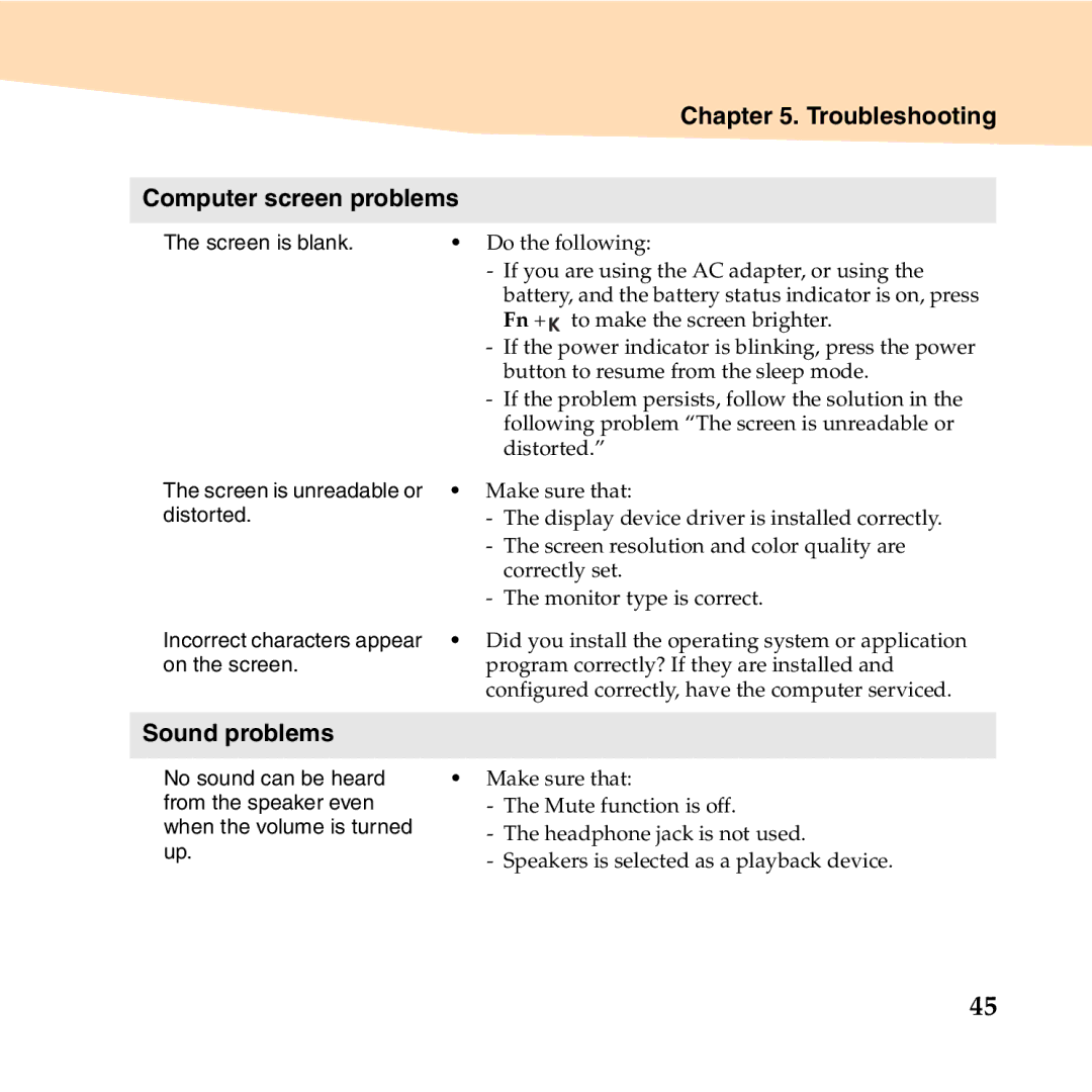 Lenovo U350 manual Troubleshooting Computer screen problems, Sound problems 