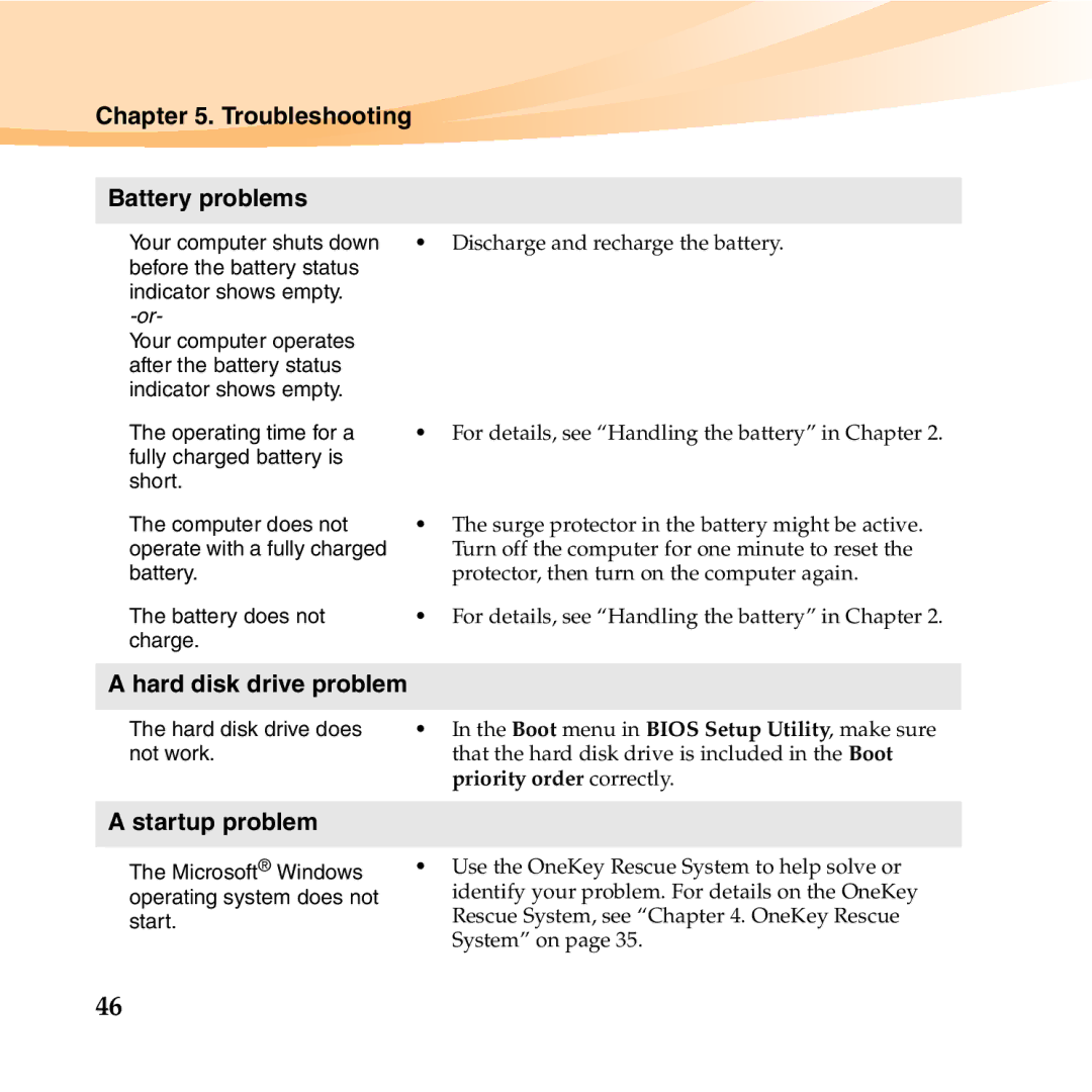 Lenovo U350 manual Troubleshooting Battery problems, Hard disk drive problem, Startup problem 