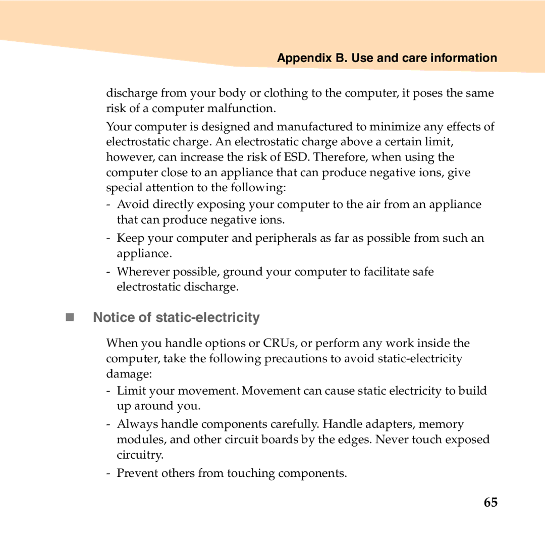 Lenovo U350 manual „ Notice of static-electricity, Appendix B. Use and care information 