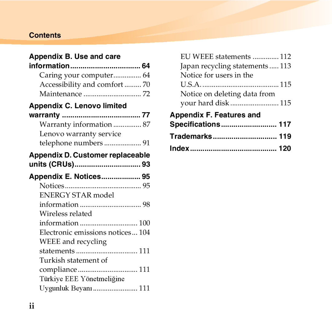 Lenovo U350 manual Contents Appendix B. Use and care, Appendix C. Lenovo limited, Appendix F. Features, 117, 119, 120 