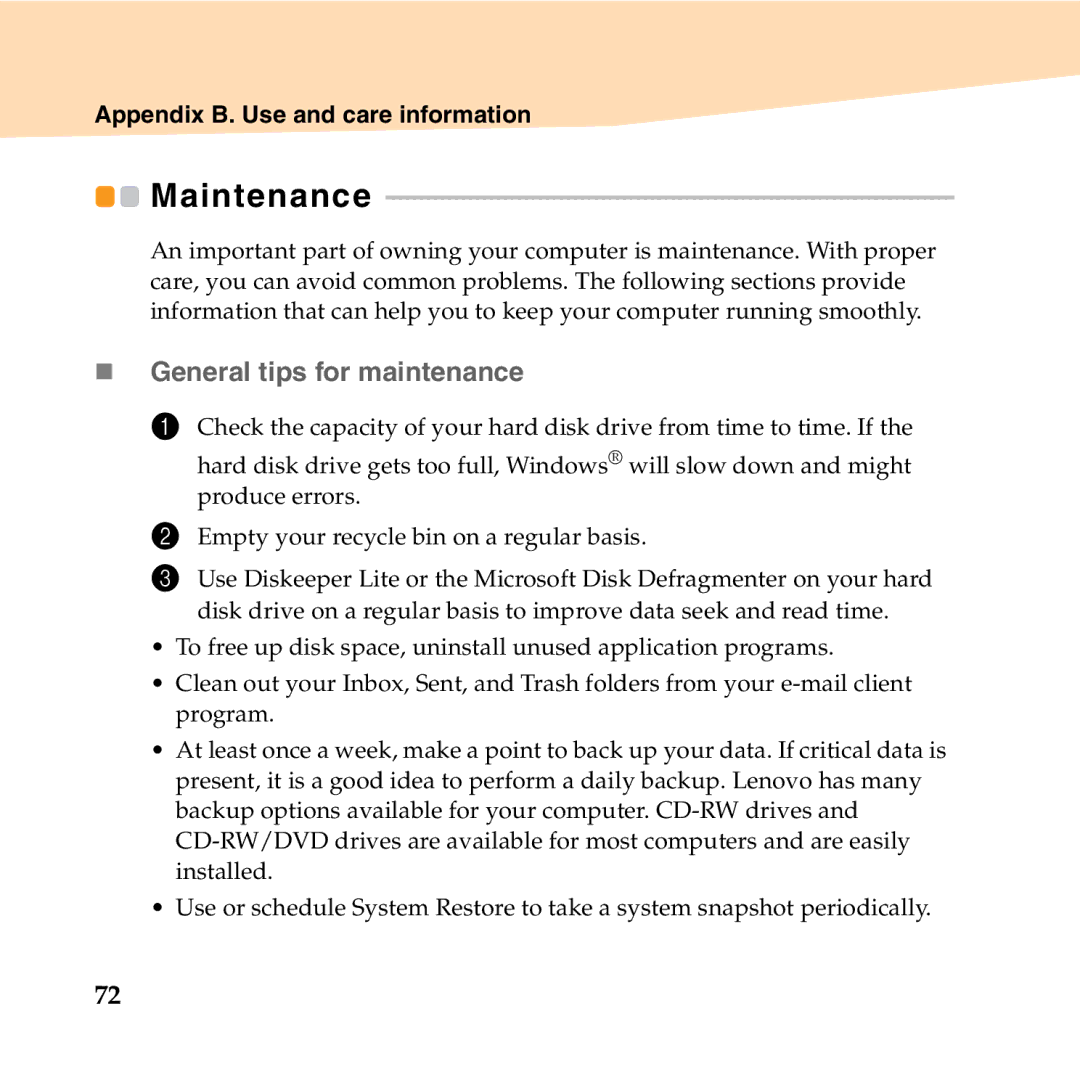 Lenovo U350 manual Maintenance, „ General tips for maintenance 