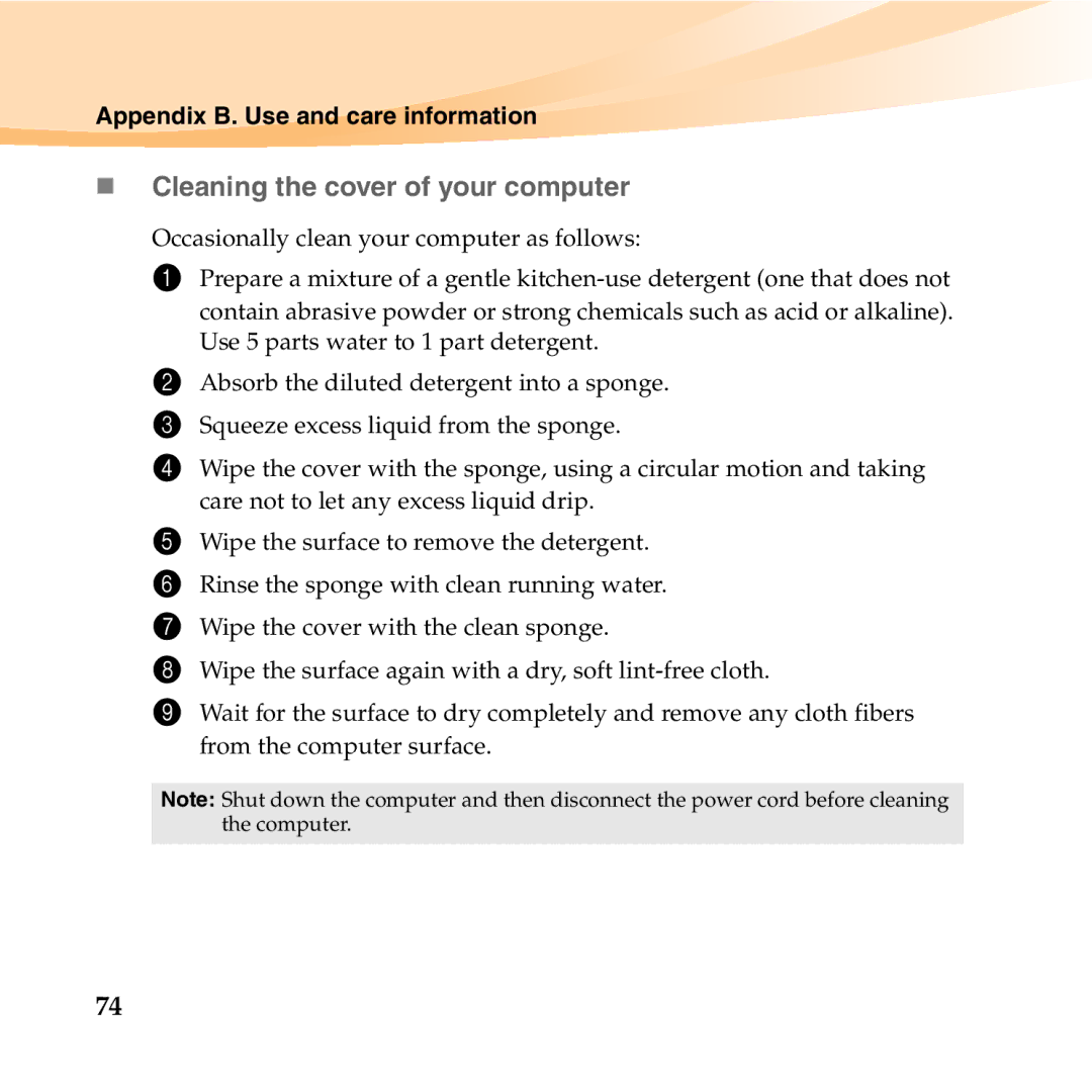 Lenovo U350 manual „ Cleaning the cover of your computer 