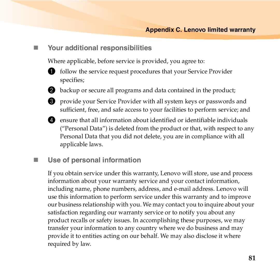 Lenovo U350 manual „ Your additional responsibilities, „ Use of personal information 