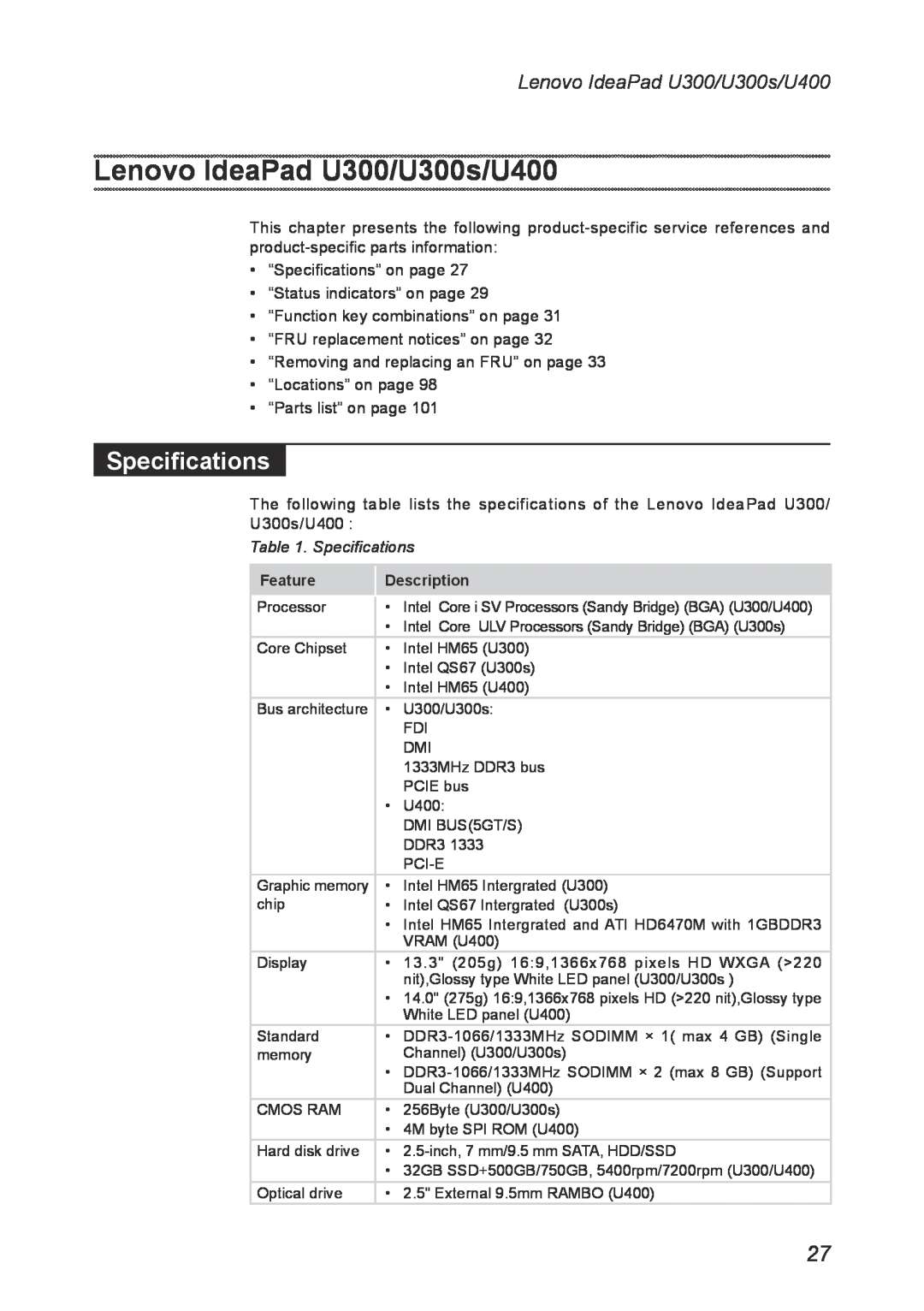 Lenovo U300S manual Lenovo IdeaPad U300/U300s/U400, Specifications, Feature, Description 