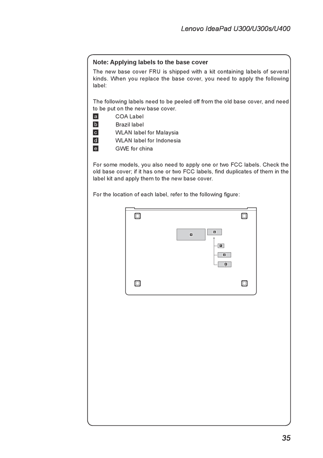 Lenovo U300S manual Note Applying labels to the base cover, Lenovo IdeaPad U300/U300s/U400 