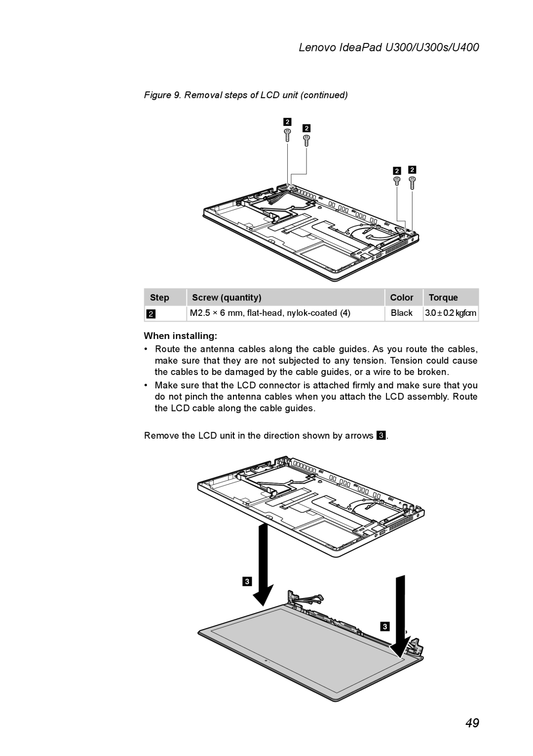 Lenovo U300S manual Removal steps of LCD unit continued, Lenovo IdeaPad U300/U300s/U400, When installing 