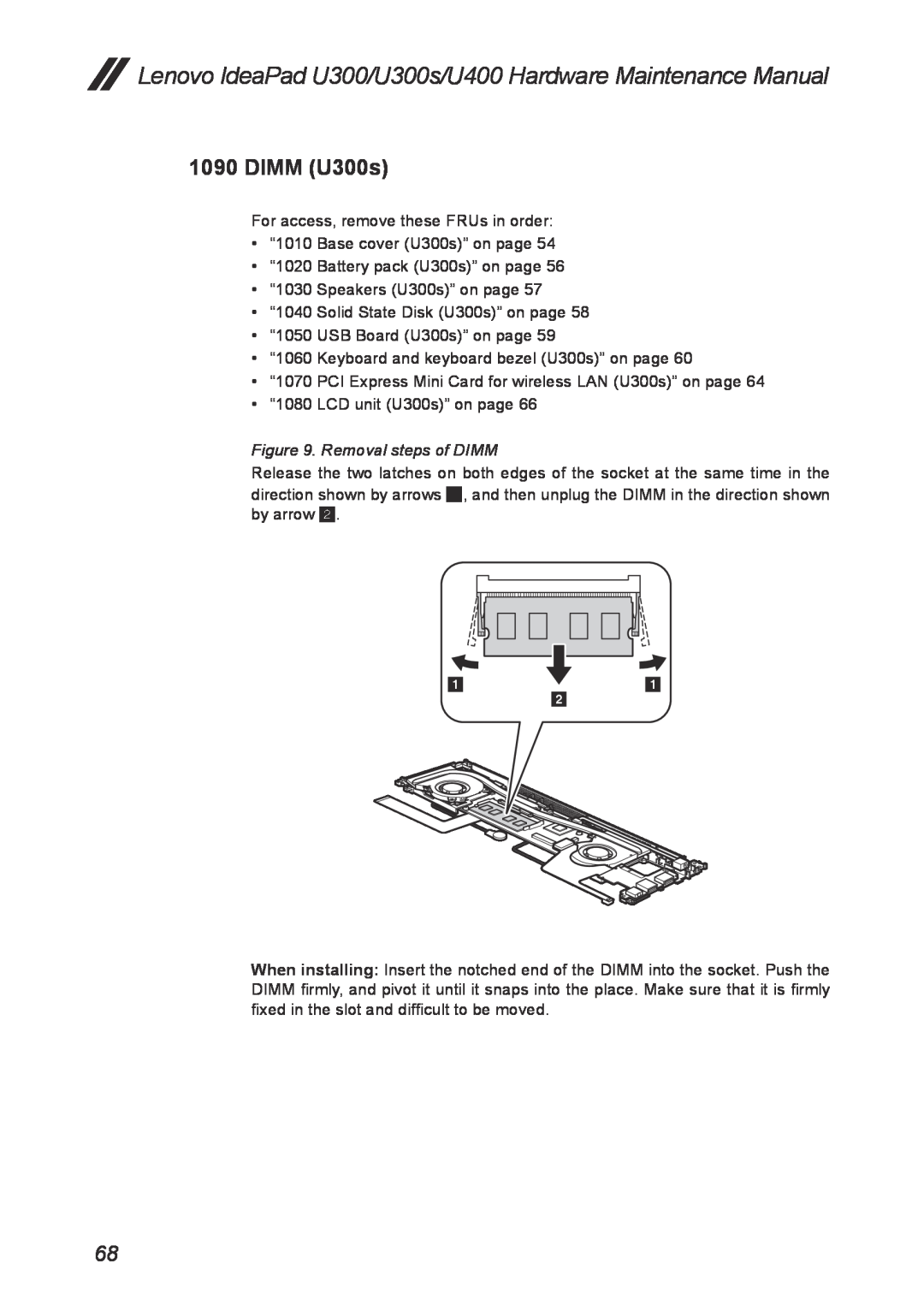 Lenovo U300S manual DIMM U300s, Removal steps of DIMM, Lenovo IdeaPad U300/U300s/U400 Hardware Maintenance Manual 