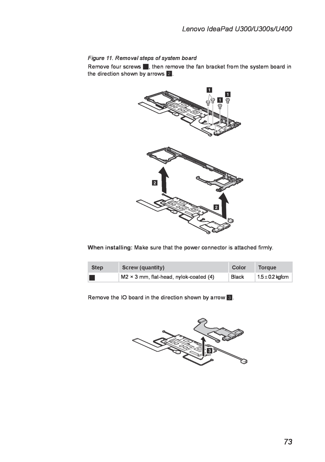 Lenovo U300S manual Removal steps of system board, Lenovo IdeaPad U300/U300s/U400, Step, Screw quantity, Color, Torque 