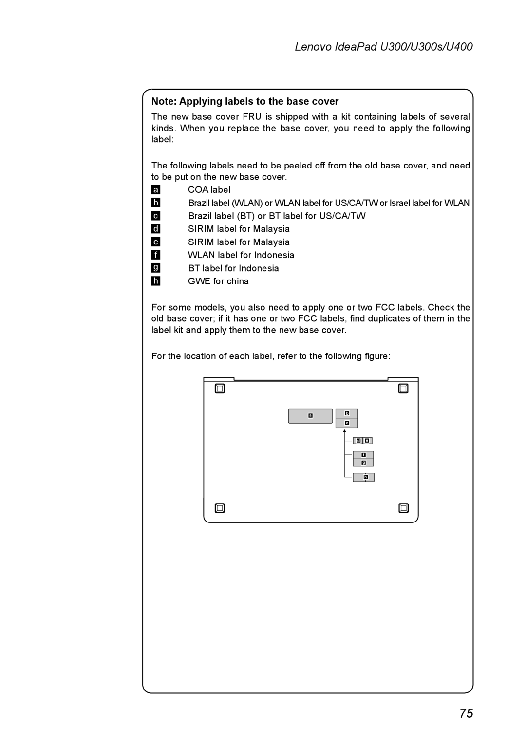 Lenovo U300S manual Lenovo IdeaPad U300/U300s/U400, Note Applying labels to the base cover 